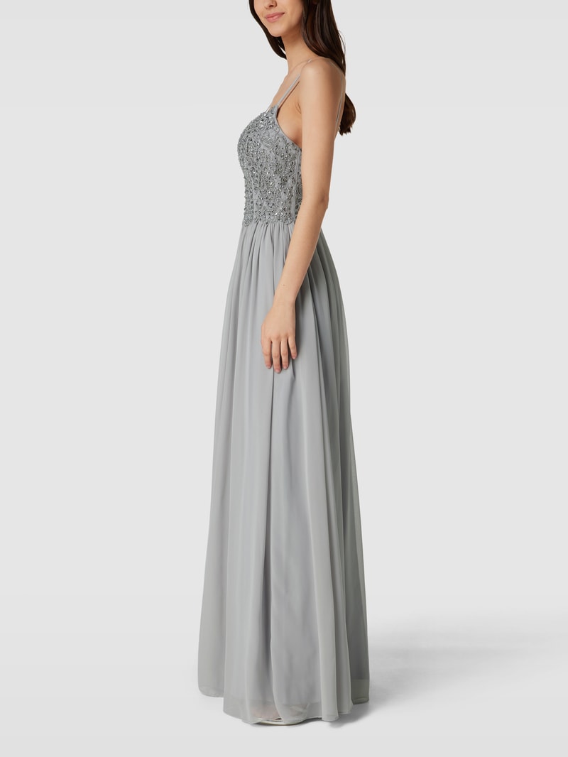 Abendkleid mit Ziersteinbesatz in mittelgrau