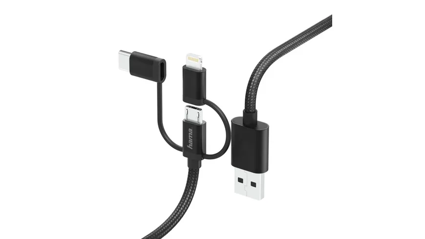 Hama 3in1-Micro-USB-Kabel mit Adapter auf USB-Type-C u. Lightning, 1,5m, Schwarz