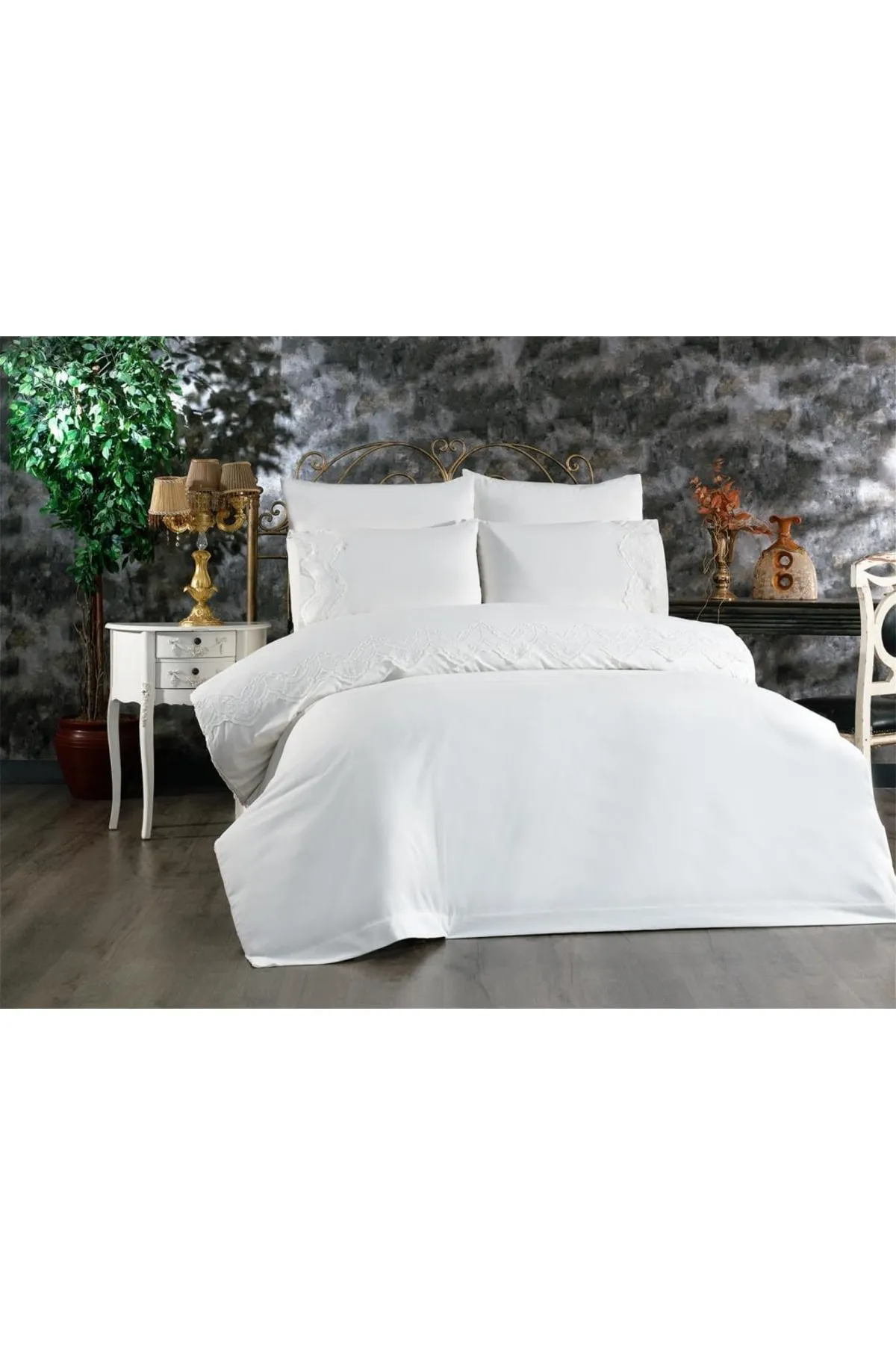 Çeyiz Diyarı  Französisches Spitzen-Hanzade-Mitgift-Bettbezug-Set, Creme