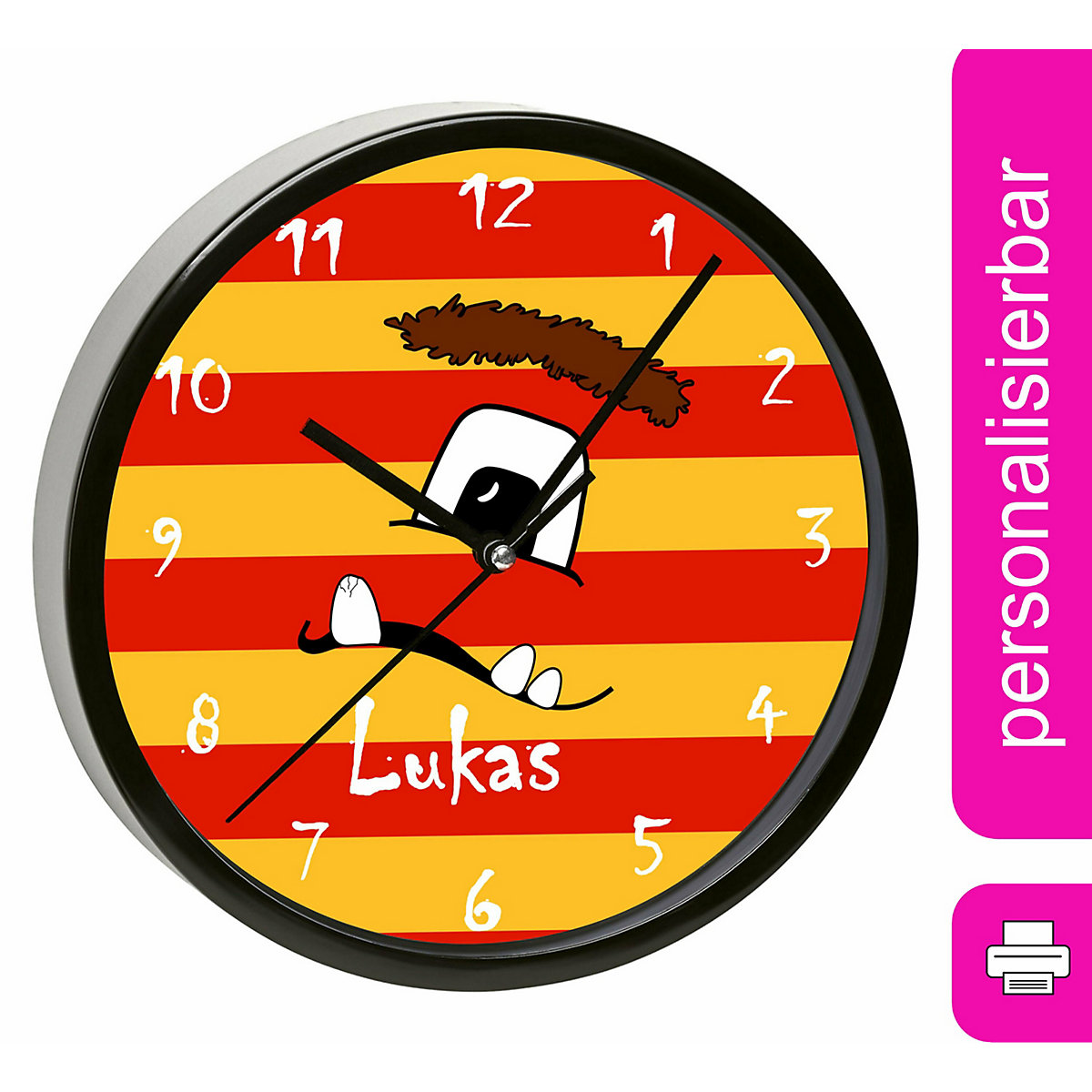 Kinder Wanduhr personalisiert mit Name Monster Streifen rot gelb