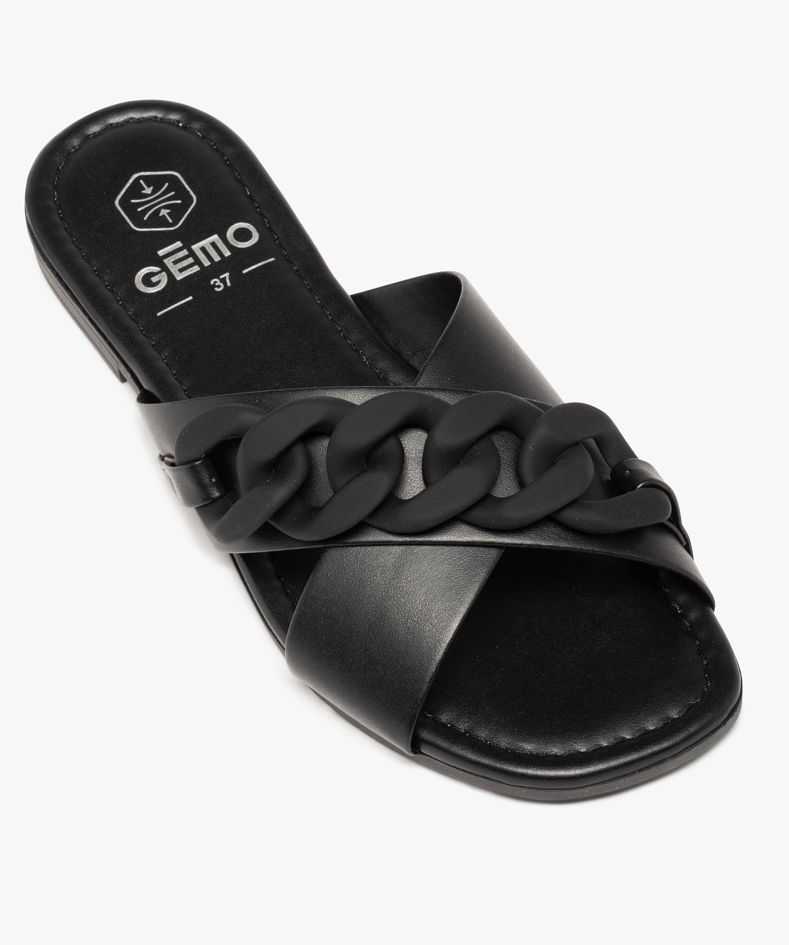 Mules femme à talon plat avec maillons de chane mats noir | GEMO