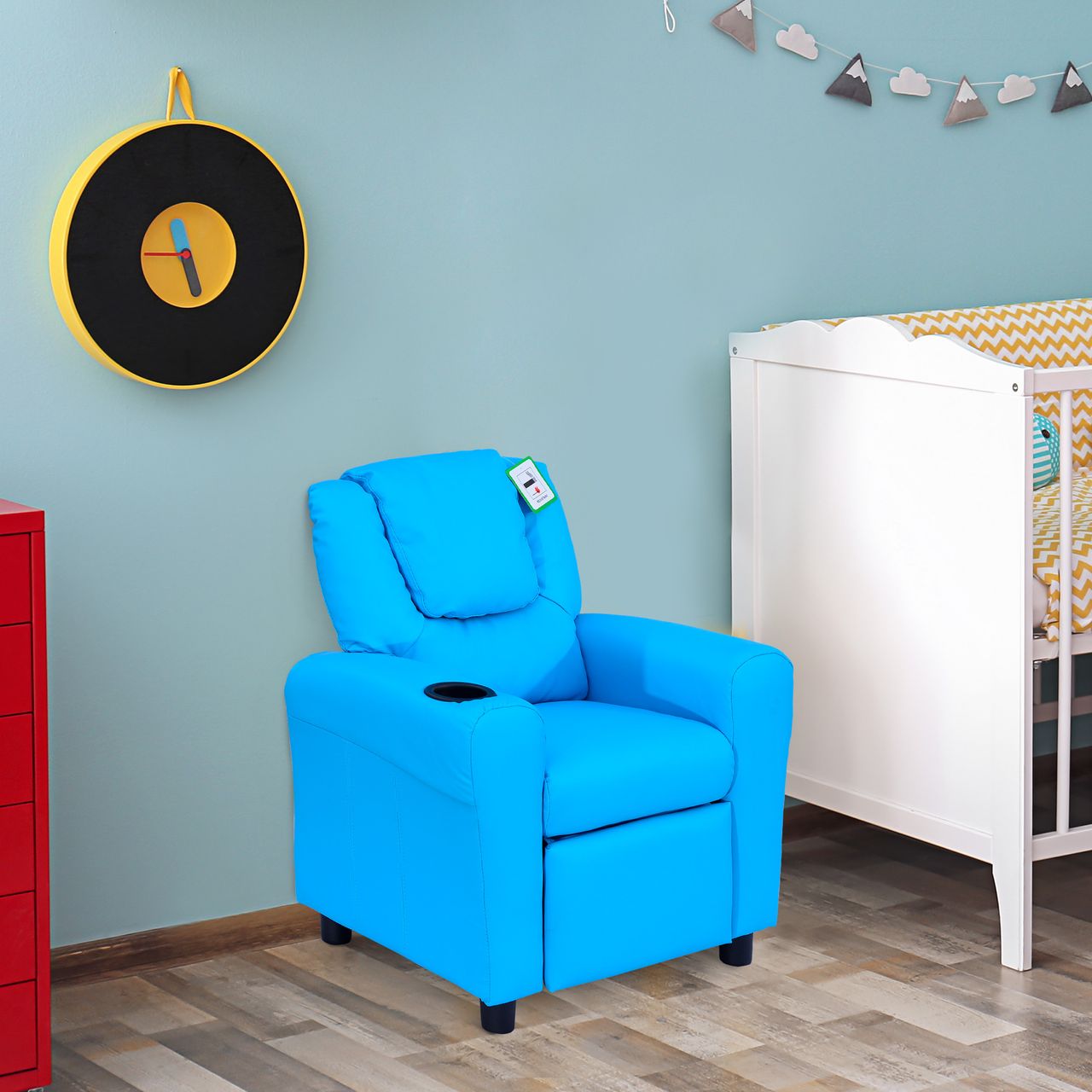 HOMCOM Kindersessel für 3-6 Jahre alt, Liegefunktion, Eingebauten Becherhalter, Blau, 62 x 52 x 69 cm