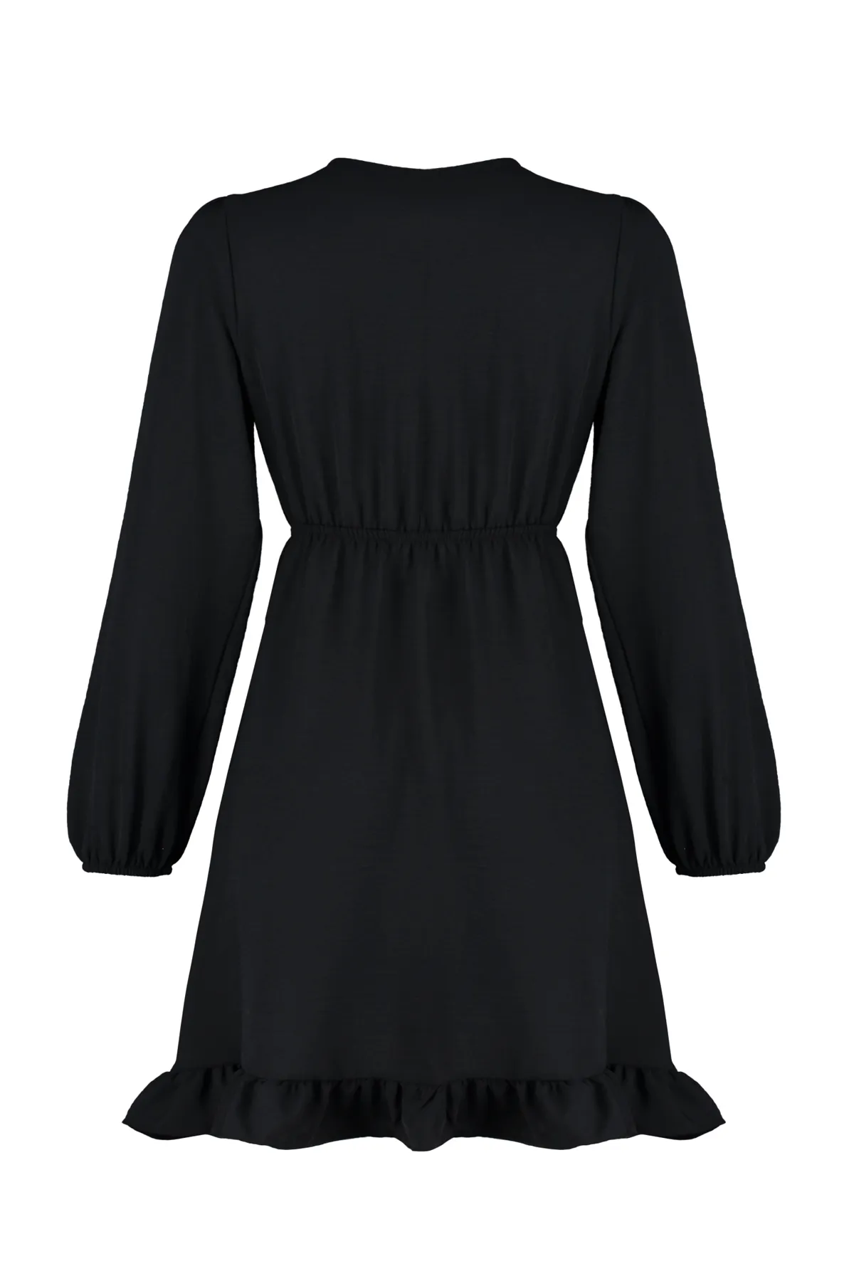 Trendyol Collection  Schwarzes gewebtes Minikleid mit zweireihigem Rock und Rüschen TWOAW24EL00249