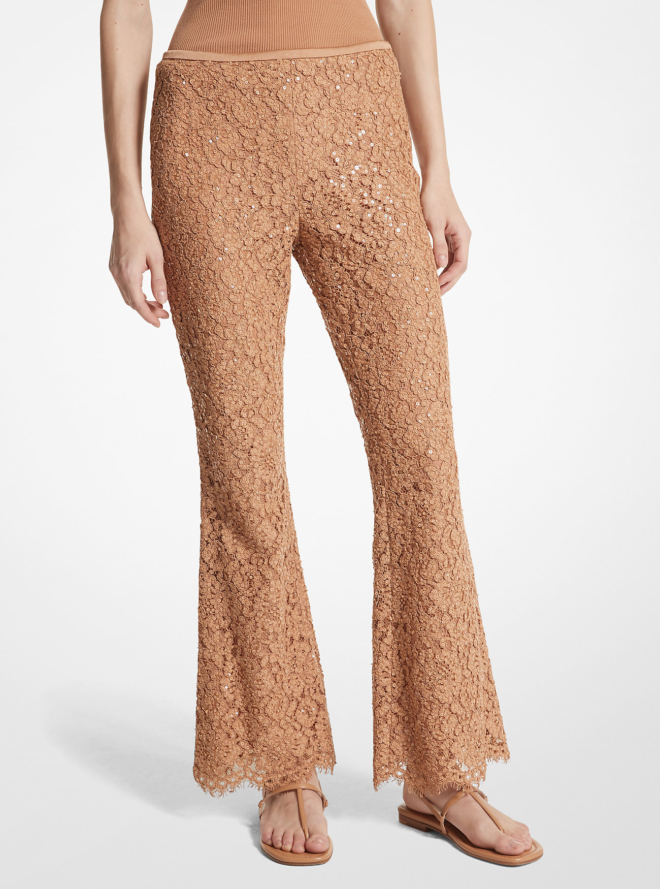 Hand-Embroidered Sequin Floral Corded Lace Cropped Pants - SUNTAN