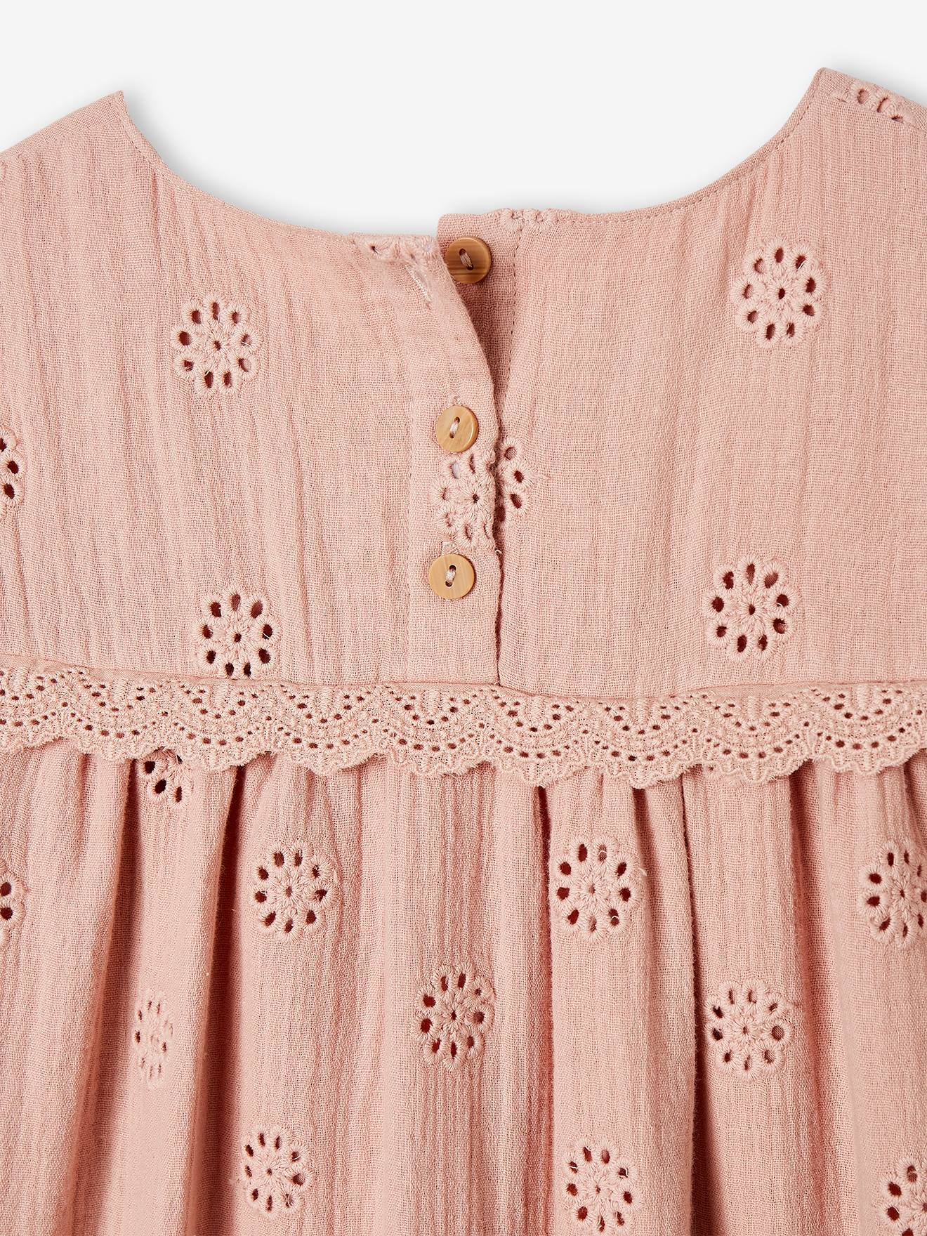 Robe en gaze de coton brodée fleurs fille rose poudré