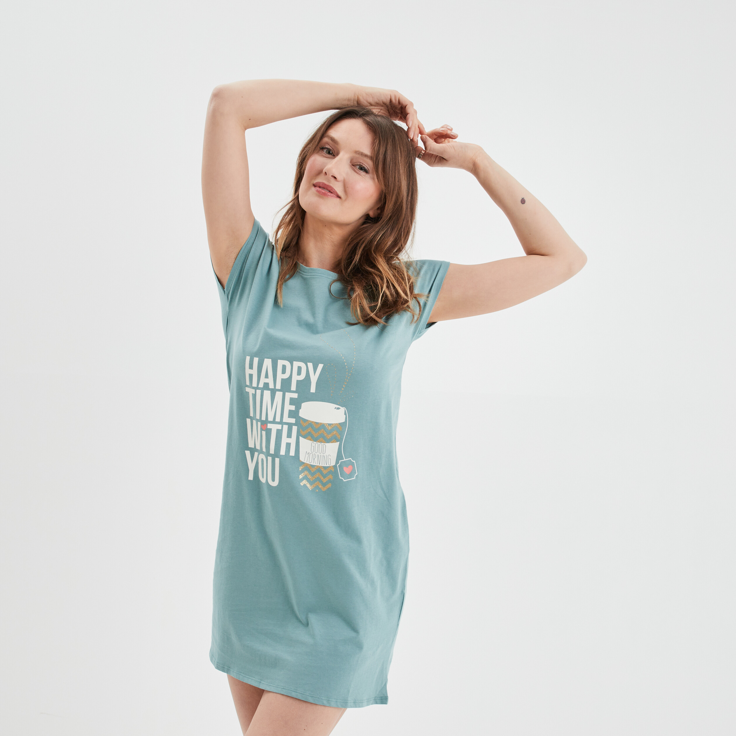 Chemise de nuit manches courtes coton bleu gris femme | La Halle