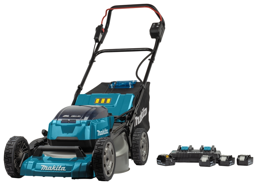 Makita DLM530PT4 akumulatorska kosilnica 53 cm 2 x 18 V s 4 x 5,0 Ah litij-ionskimi baterijami in dvojnim polnilnikom