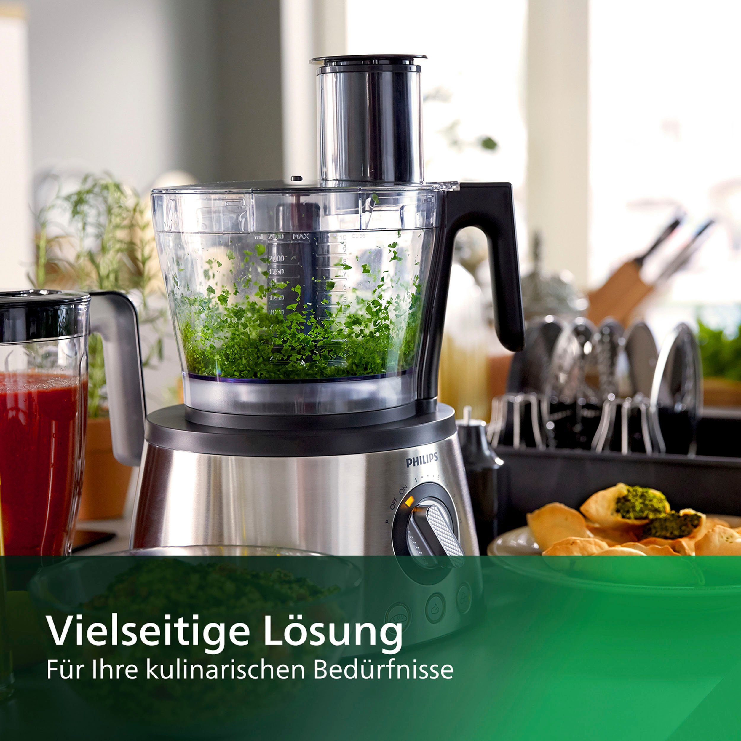 Philips Kompakt-Küchenmaschine HR7778/00, 1300 W, 2 l Schüssel, inkl. Knethaken, Entsafter, Standmixer und Zitruspresse