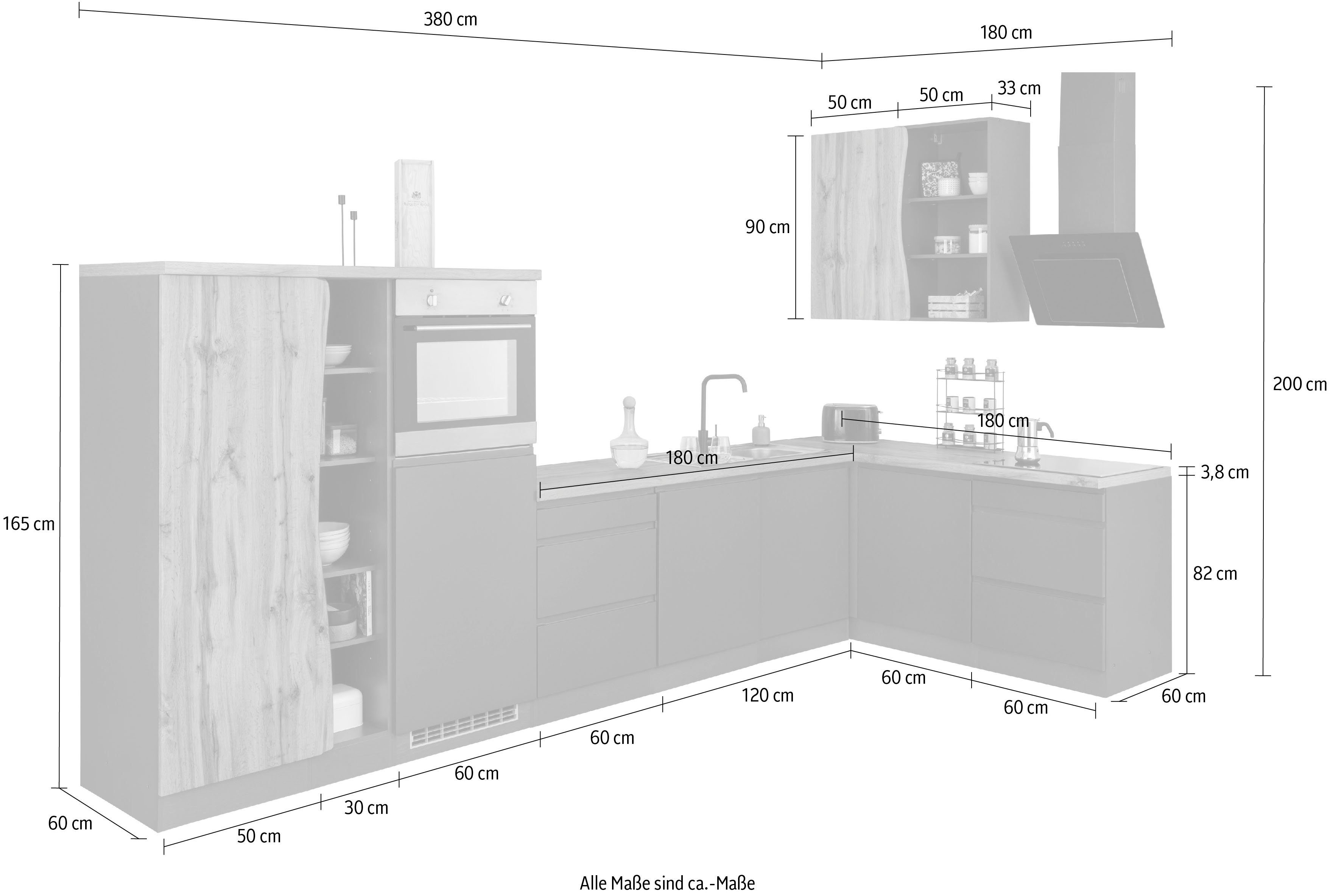 HELD MÖBEL Küche Bruneck, Stellbreite 380/180 cm breit, ohne E-Geräten, MDF Fronten