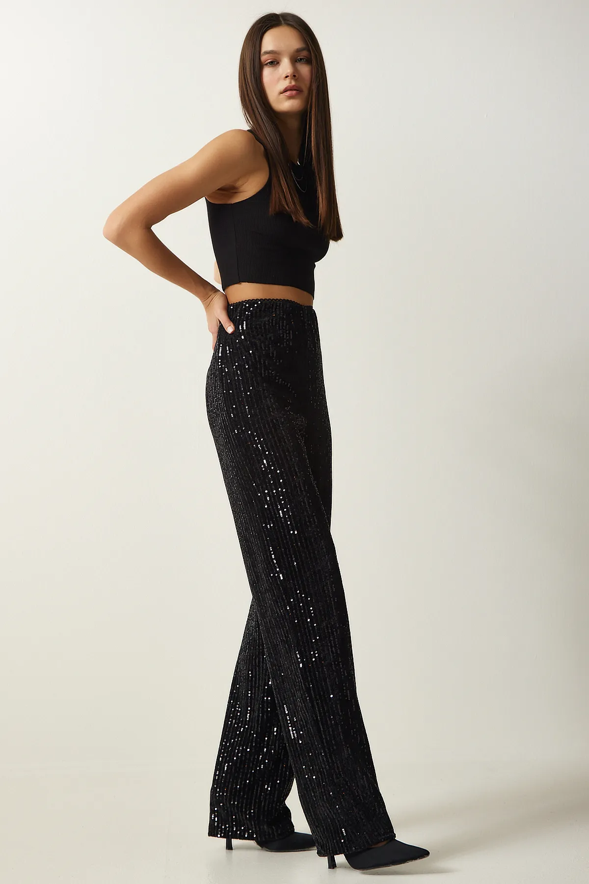 Happiness İstanbul  Schwarze Palazzo-Hose mit Pailletten für Damen MC00250