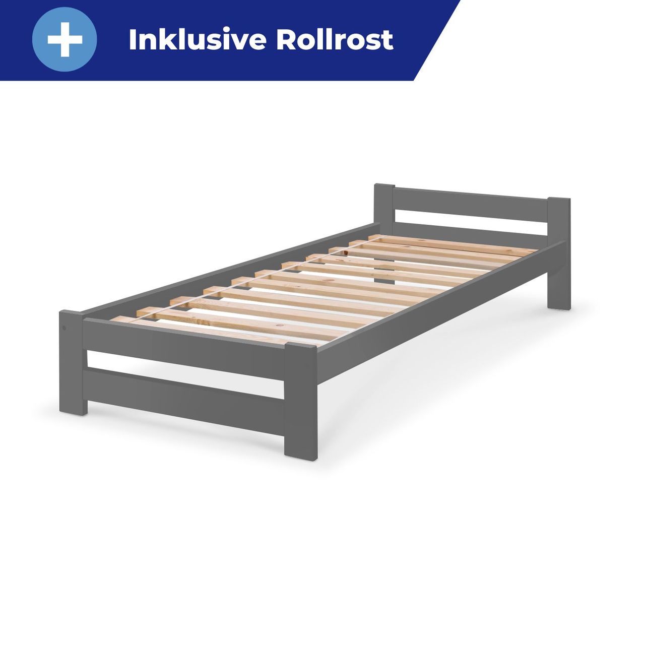 Coemo Bett Classico Holzbett Bettgestell mit Lattenrost Massivholz Kiefer 100 x 200 cm anthrazit