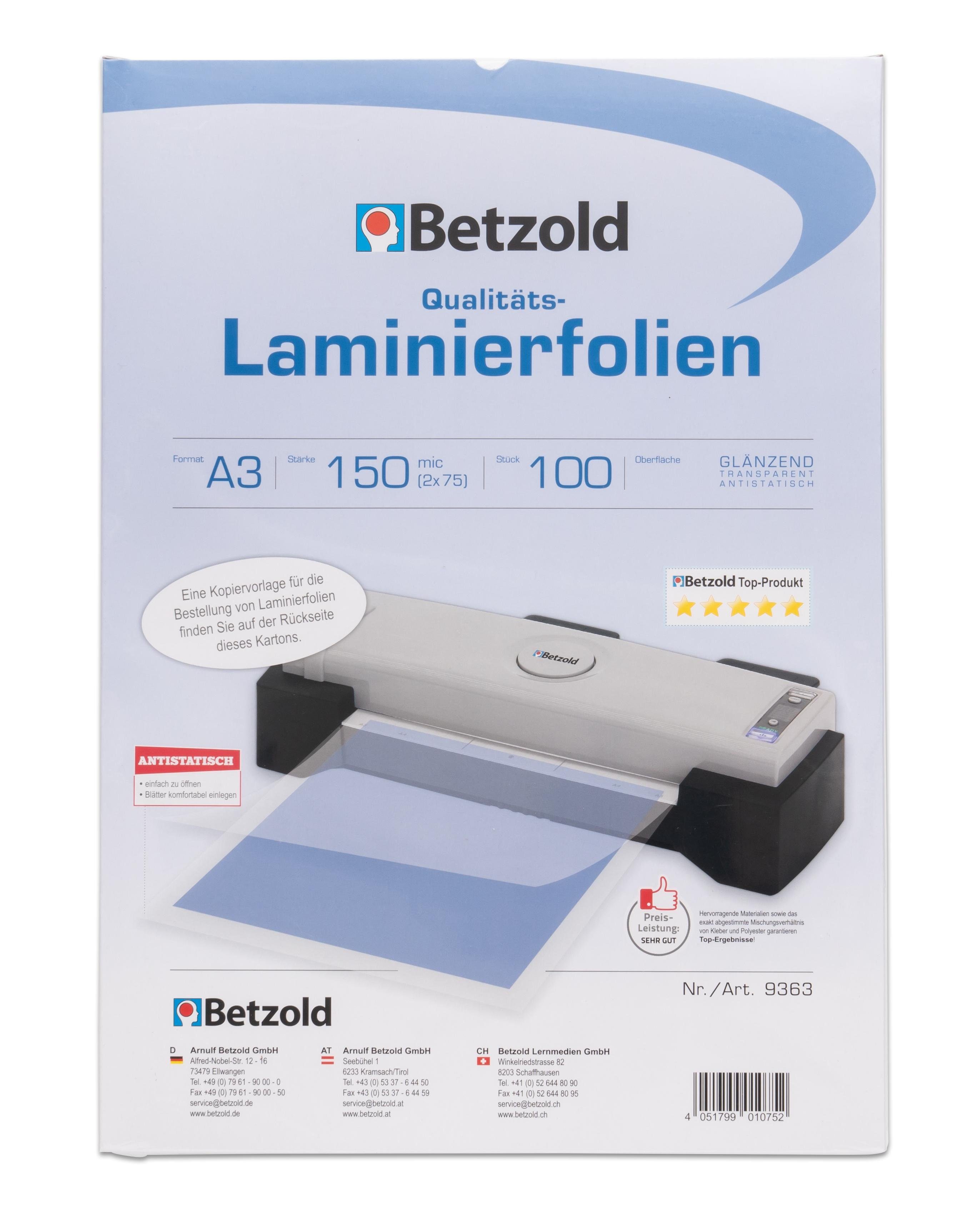 Betzold Sichtschutzfolie 100x A3 Laminierfolien - Laminieren Schulbedarf Bürobedarf