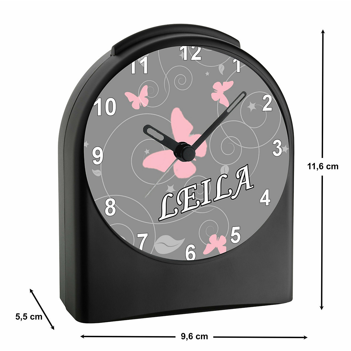 Kinder Funkwecker personalisiert mit Namen Schmetterling Ornamente Atom-/Funkuhr, 12-Stunden-Anzeigeformat, Schlummerfunktion, Nachtlicht, Geräuschlos/Ohne Ticken