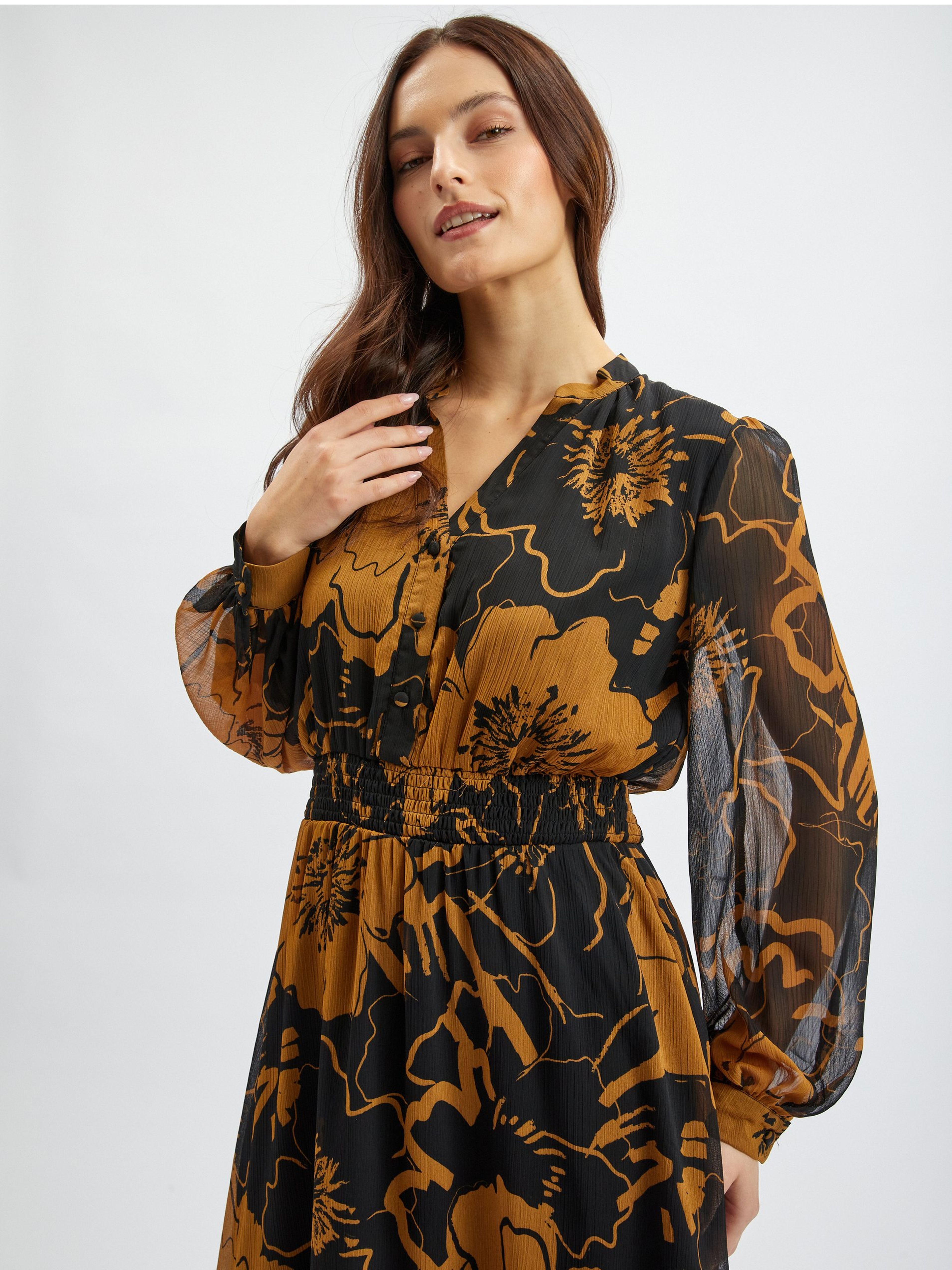 Braunes und schwarzes Damen-Midikleid mit Blumenmuster ORSAY