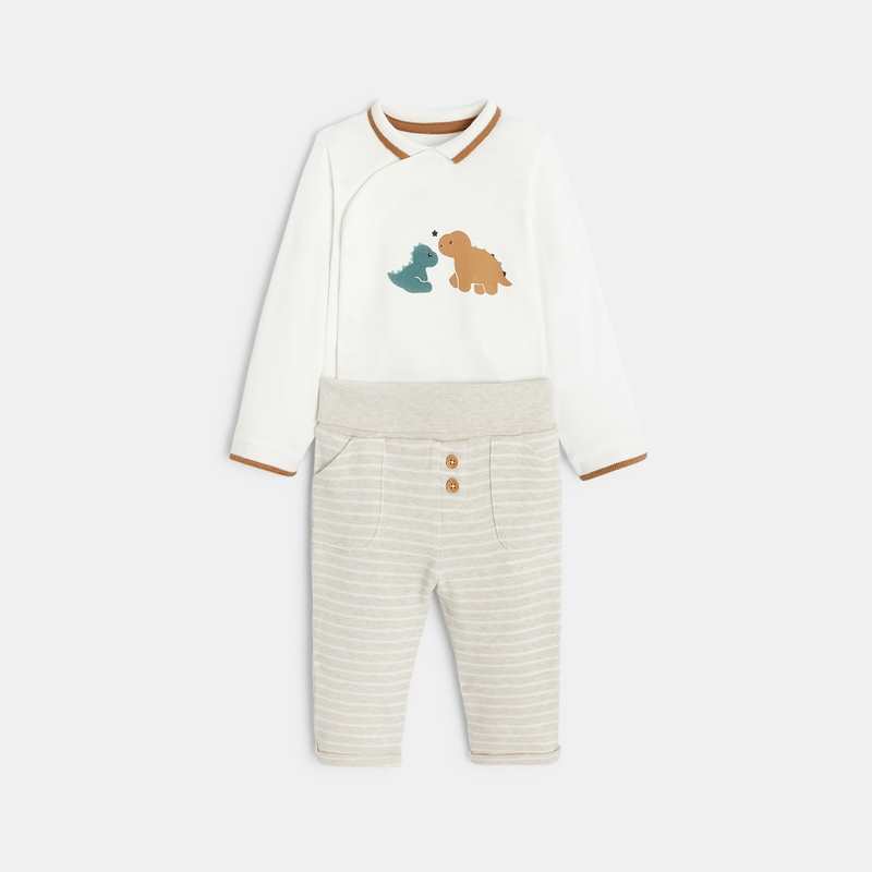 Body dinosaures col polo et pantalon souple rayé blanc naissance