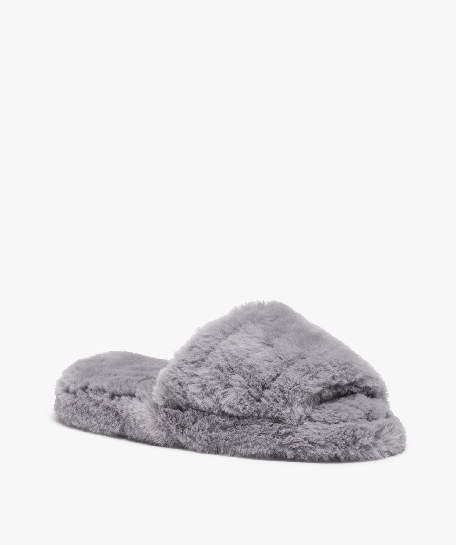 Chaussons mules unies en textile peluche femme gris | GEMO