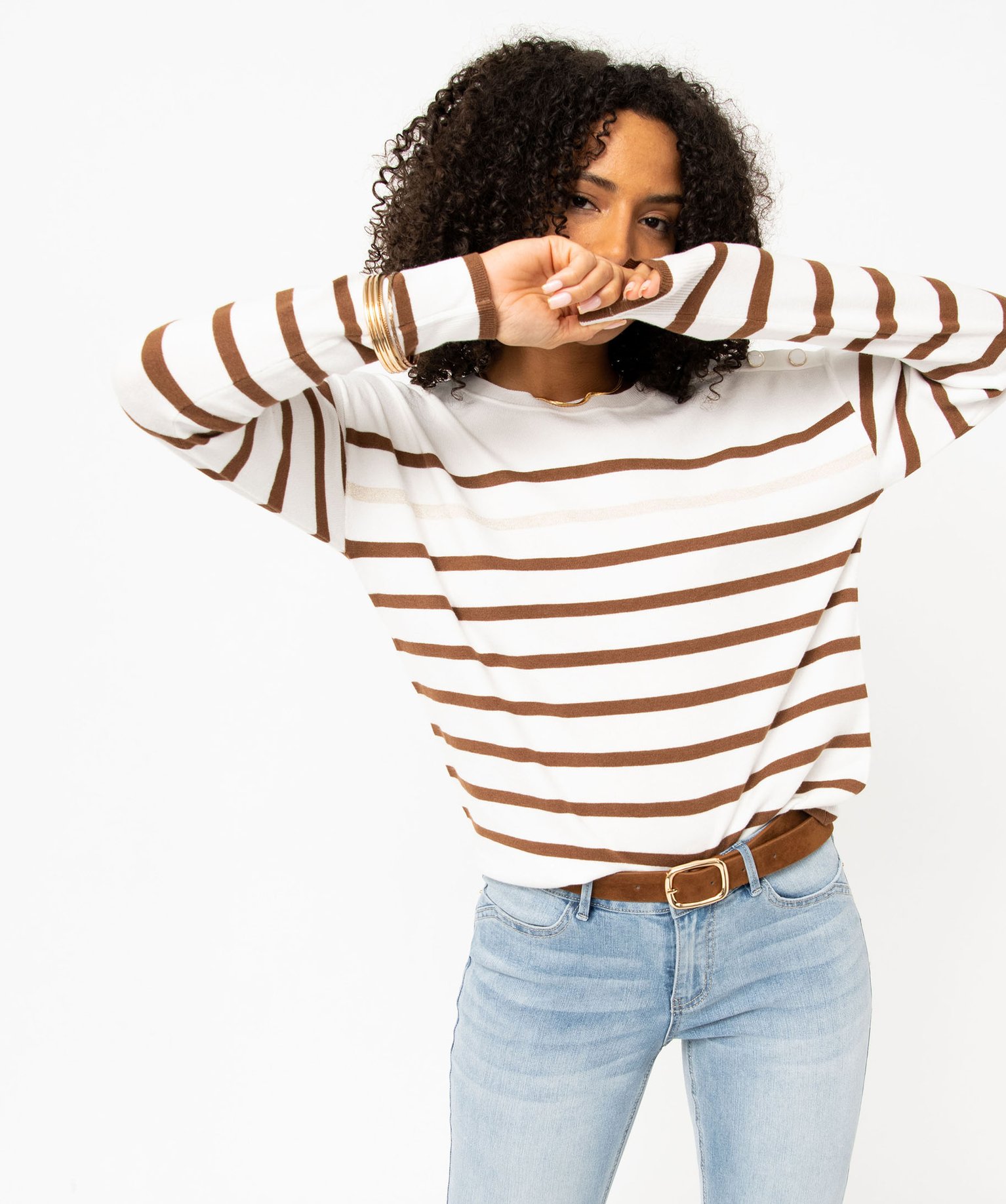 Pull rayé en maille fine avec col rond femme raye | GEMO
