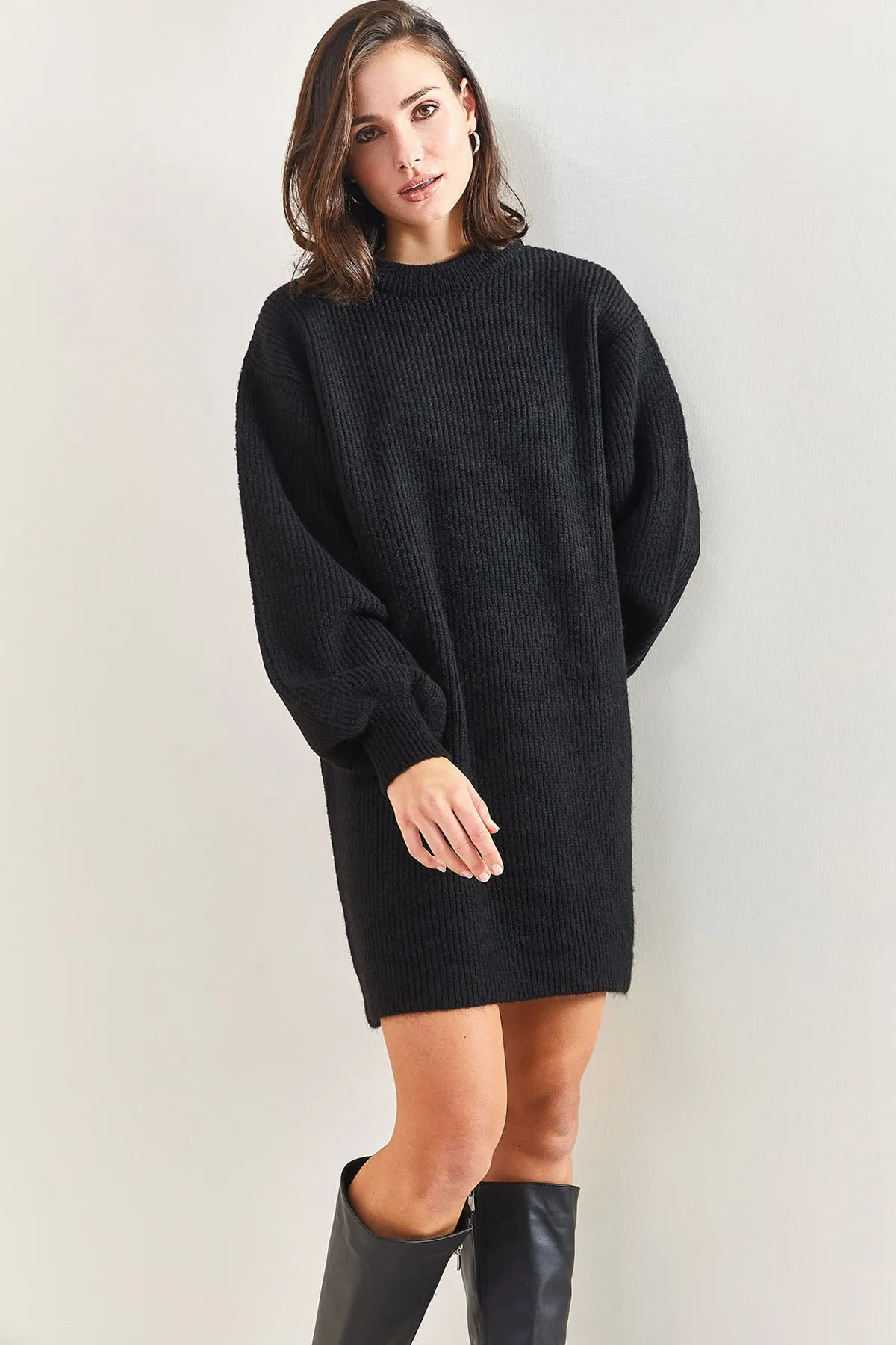 Bianco Lucci  Damen Ärmel Gemustertes Rippenstrick Tunika Pullover Kleid