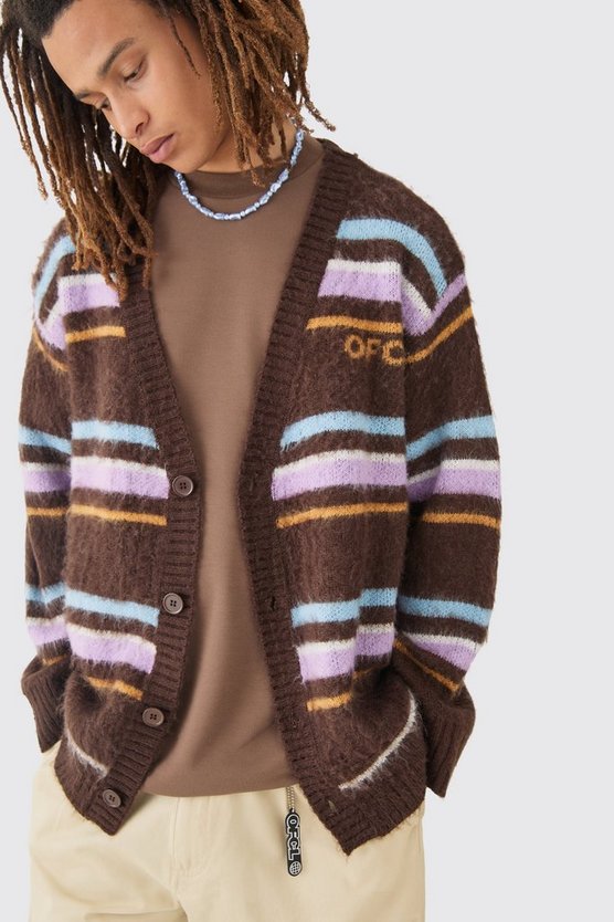 Kastiger flauschiger Cardigan mit Streifen