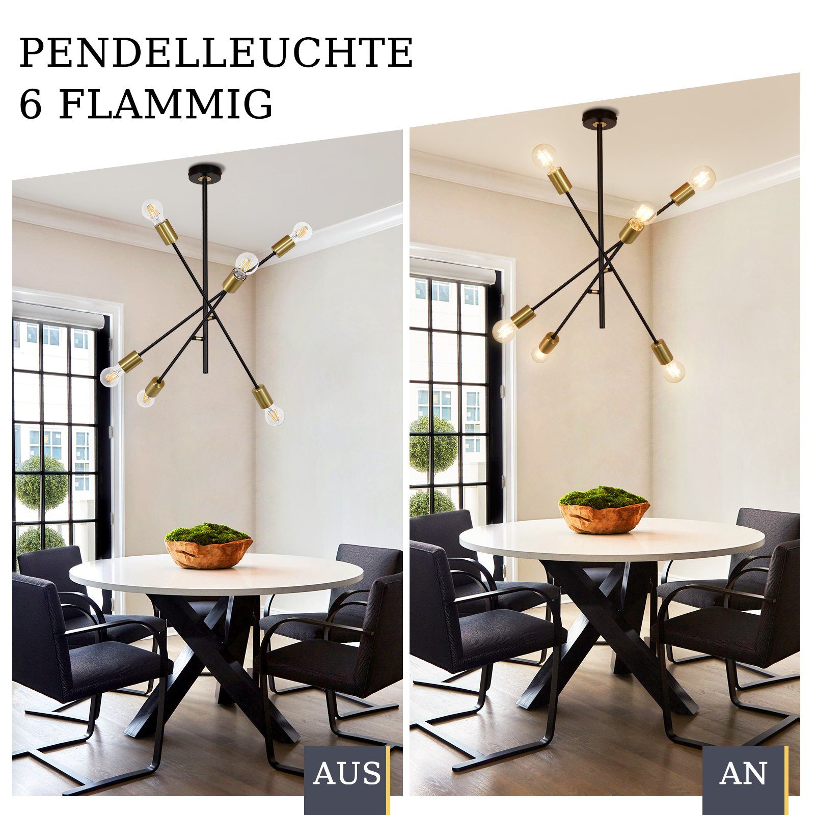 Nettlife Pendelleuchte Schwarz Esstisch mit 4/6 Flammig Hängelampe Vintage Hängeleuchte, Flexibler Lampenmast, ohne Leuchtmittel, für Wohnzimmer Esszimmer Schlafzimmer, 6 Flammig, E27
