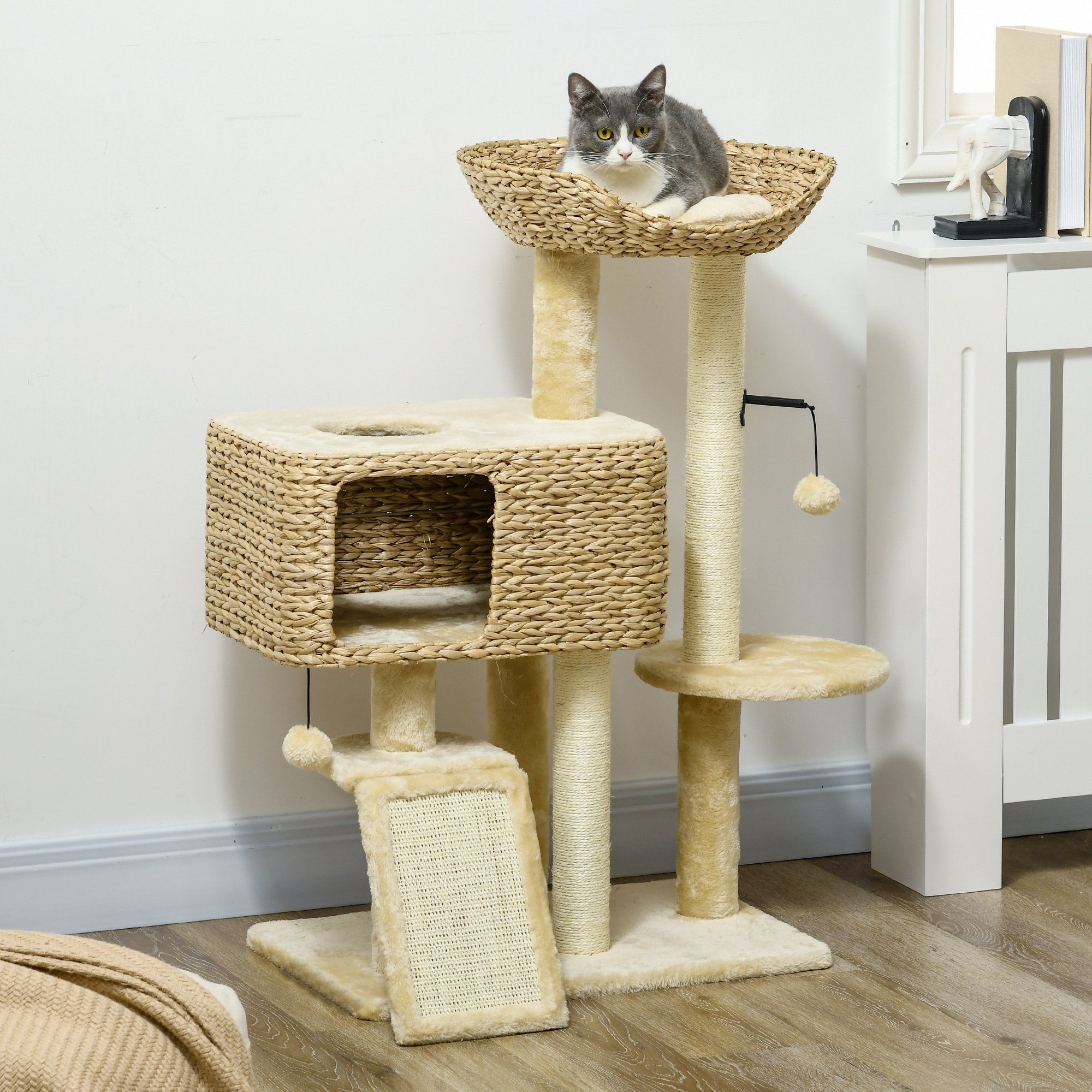 PawHut Kratzbaum Katzenbaum mit 2 Leigefläche Katzenmöbel Wasserhyazinthe, Sisal, Beige, 60L x 40B x 98H cm