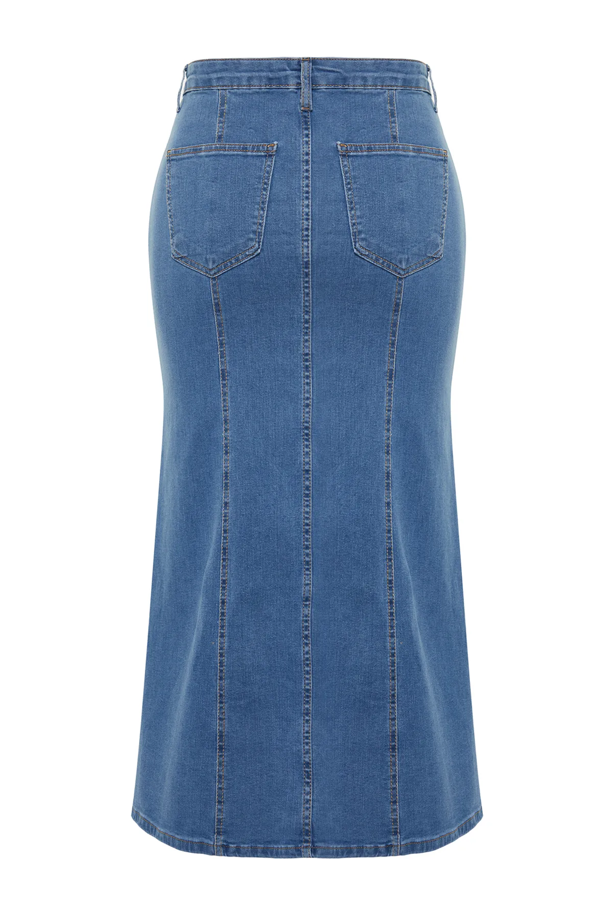 Trendyol Curve  Blauer Midi-Jeansrock mit Schlitz vorne und detailliertem Detail TBBSS24AZ00011