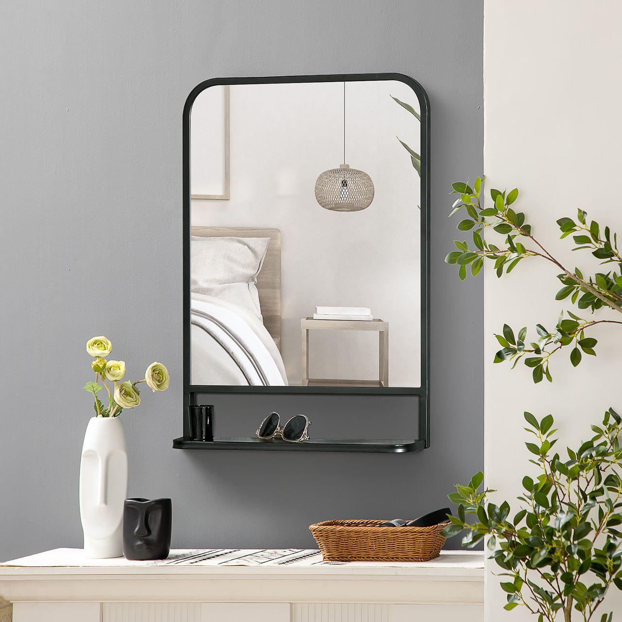 HOMCOM Wandspiegel 70 x 50cm Wohnzimmerspiegel Hängespiegel Dekospiegel Rechteck mit Ablagefläche für Eingangsbereich Schlafzimmer Modern Elegant Schwarz