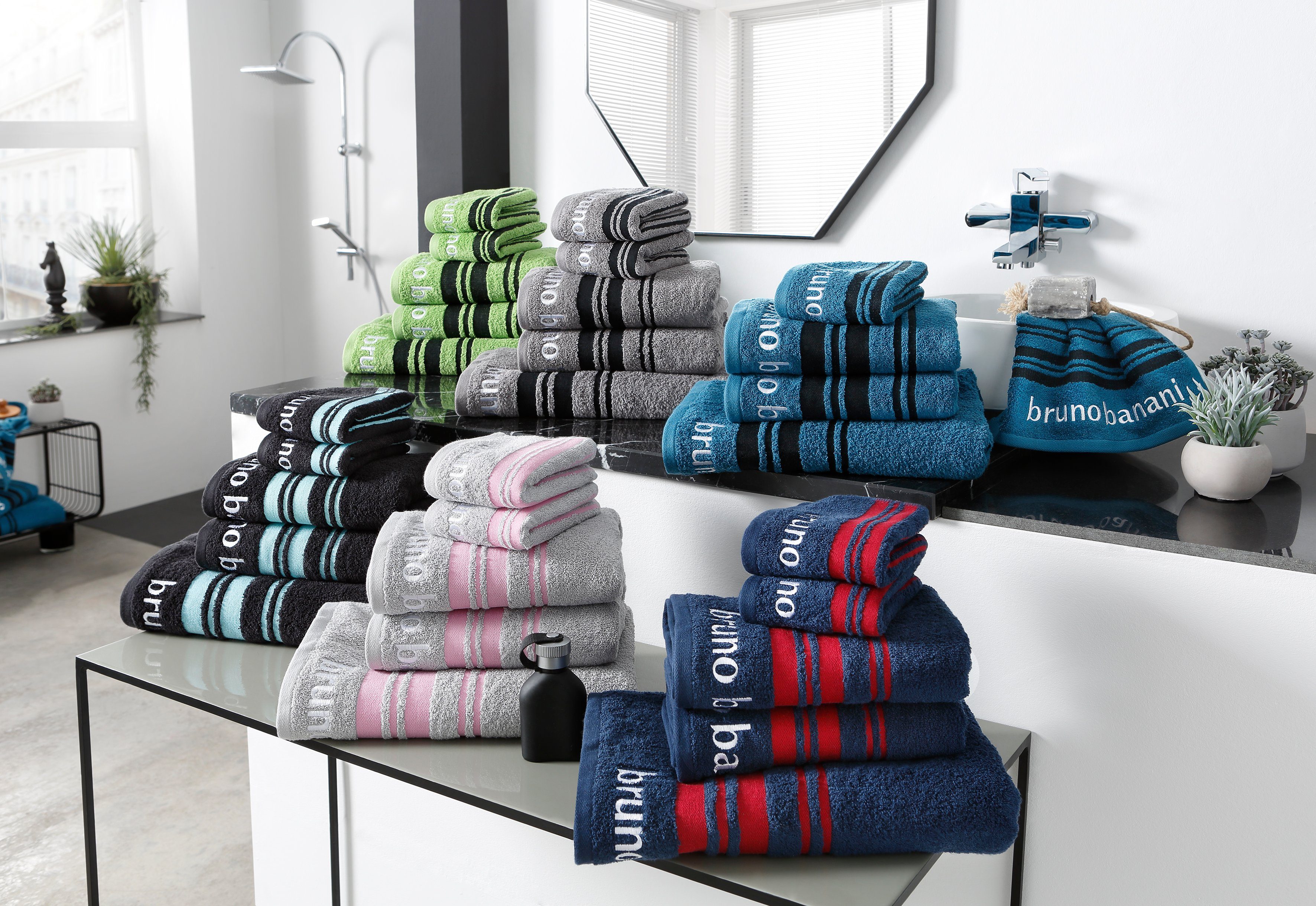Bruno Banani Handtuch Set Daniel, Walkfrottee, (Set, 5-tlg), Streifen-Bordüre & Markenlogo, Handtücher aus 100% Baumwolle