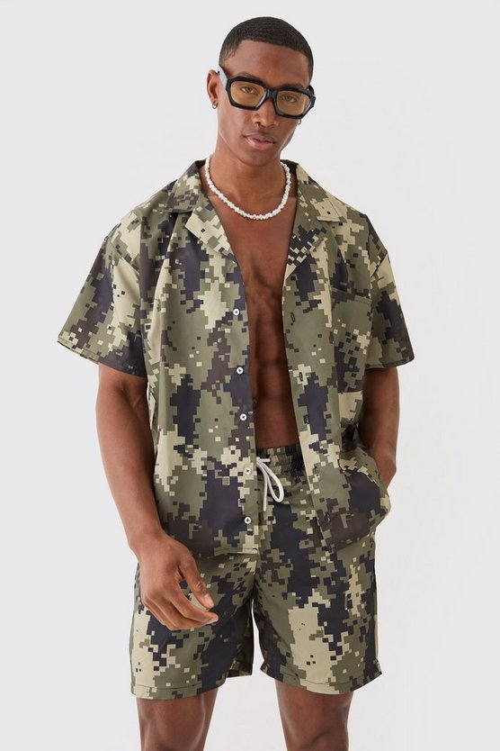 Kastiges Ripstop Camouflage Hemd & mittellange Badehose