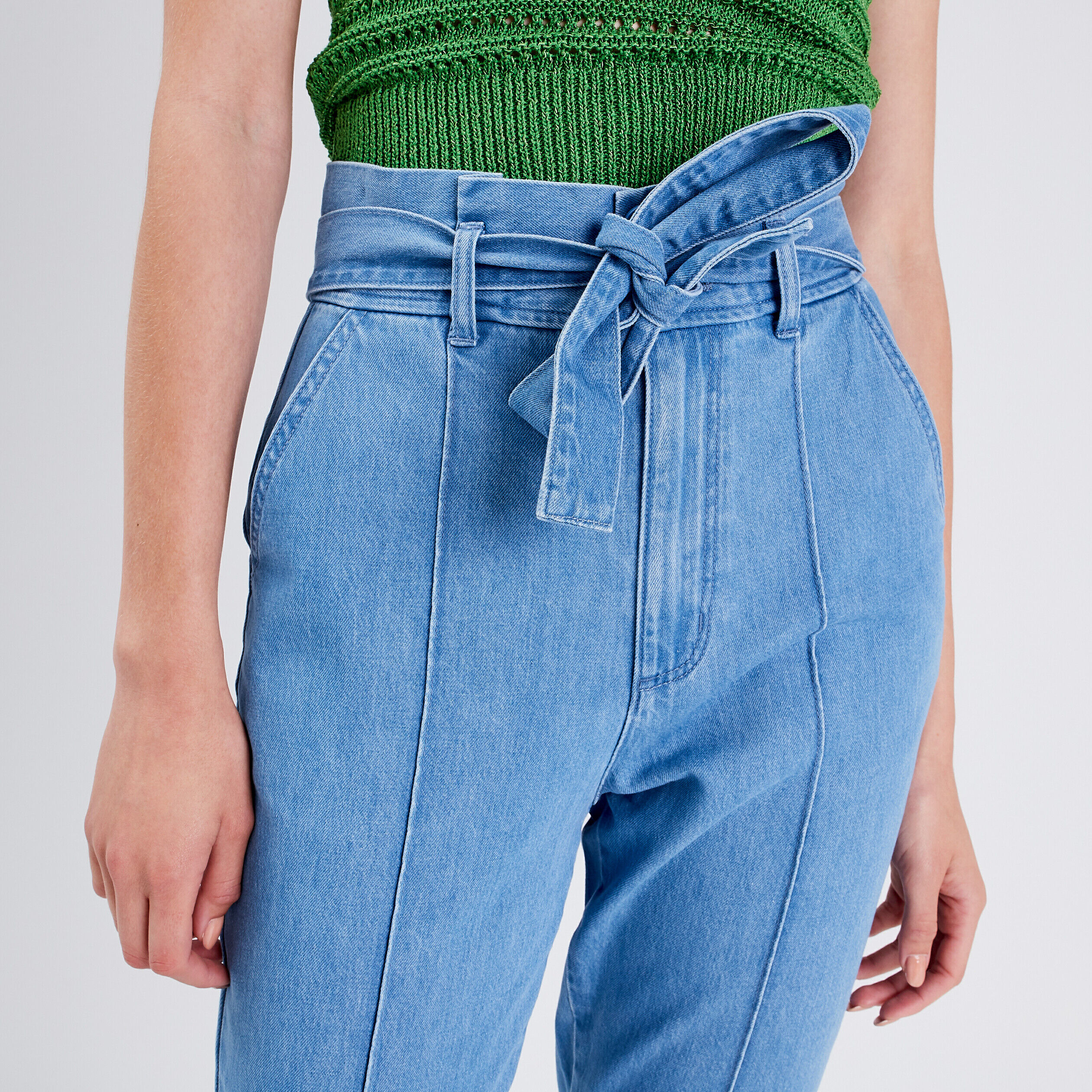 Jeans paperbag taille haute ceinturée denim stone femme | Cache Cache