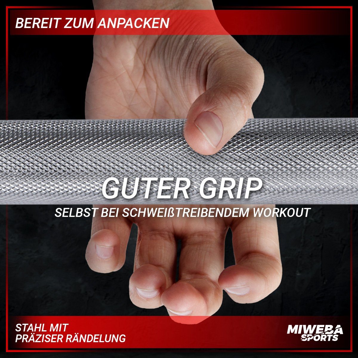 Miweba Sports Langhantelstange Profi Langhantel Stange LH100 inkl. Sternverschlüsse, Stahl, 120,00 cm (Workout, Training, Ganzkörpertraining, Muskelaufbau, Krafttraining, 3-tlg., Ø30mm, 120.0 x 6.7 x 6.7 cm, 230 kg max. Belastung, Stahl, gerändelt),