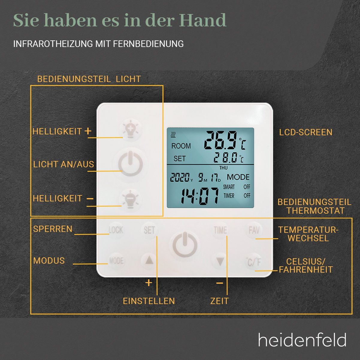 Heidenfeld Infrarotheizung 390 - 800 W Decken Elektroheizung HF-HP500 - 10 J. Garantie, Fernbedienung - Infrarot Heizkörper Elektroheizkörper Deckenheizung