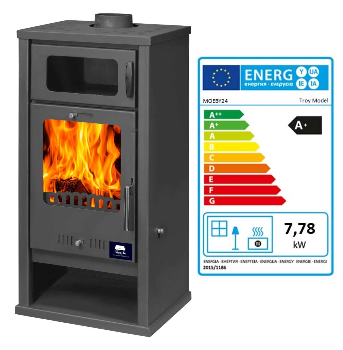 Moeby24 Kaminofen Troy Anthrazit 130mm Rauchrohr 7,78 KW BimSchV 1-2 EEK A
