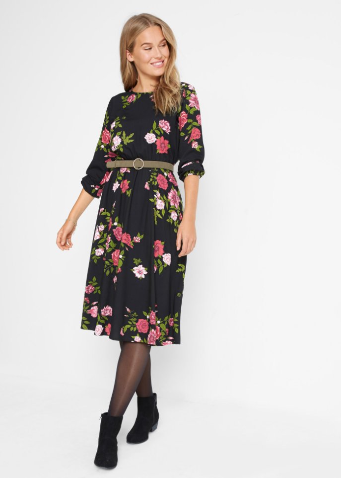 Tailliertes Blusenkleid mit Rundhals, knieumspielend