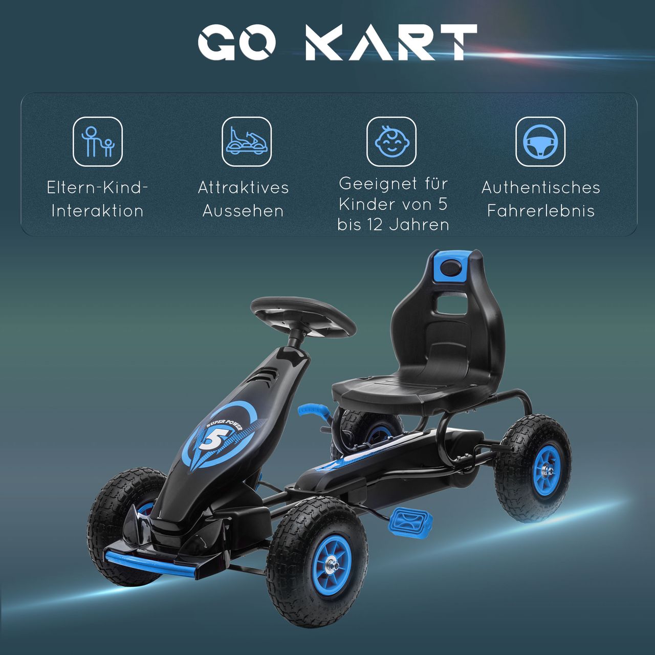 HOMCOM Gokart, Kinderfahrzeug mit Pedal, Tretauto, Outdoor, Blau Schwarz
