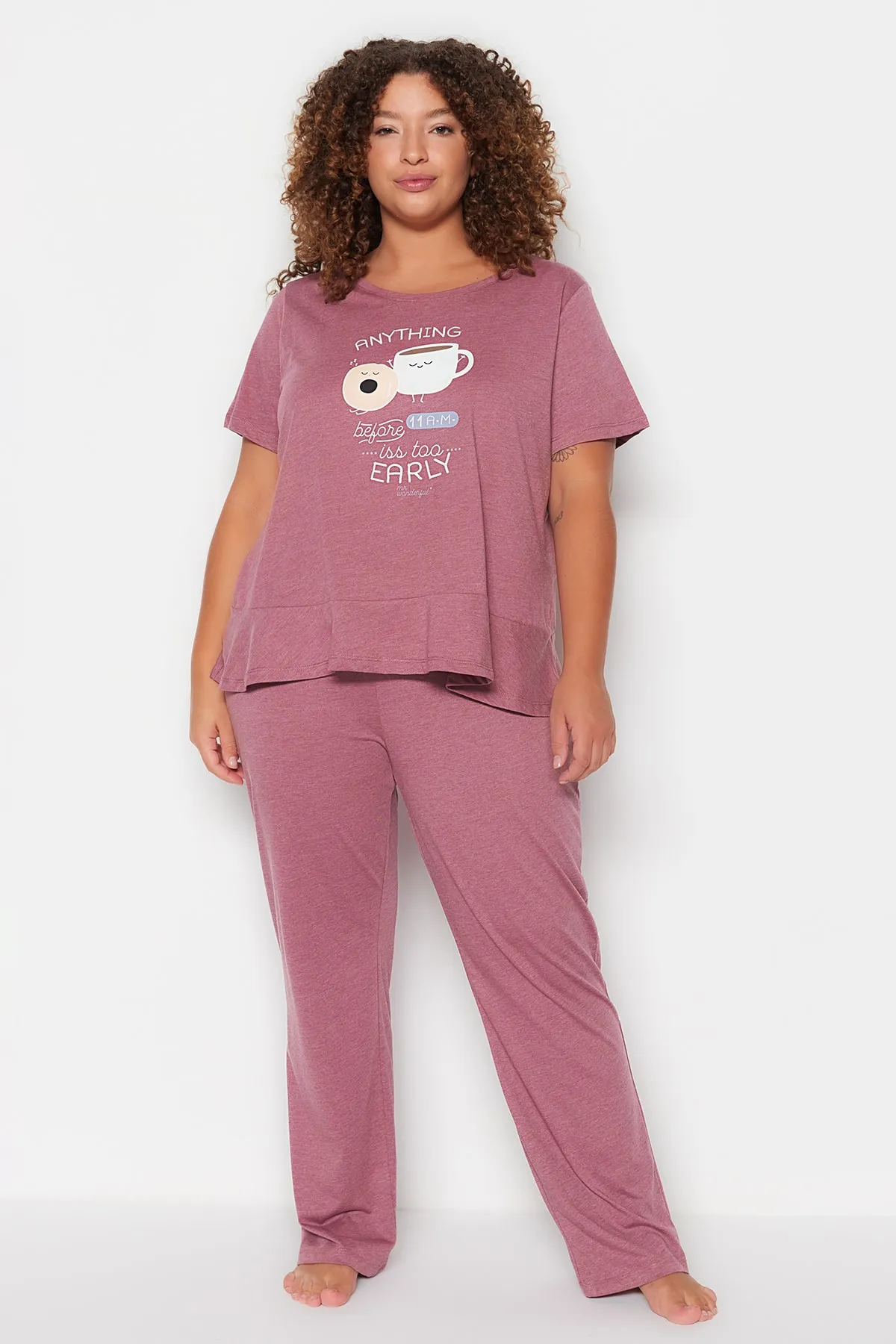 Trendyol Curve  Weinrotes bedrucktes kurzärmliges Strick-Pyjama-Set TBBSS23AI00008