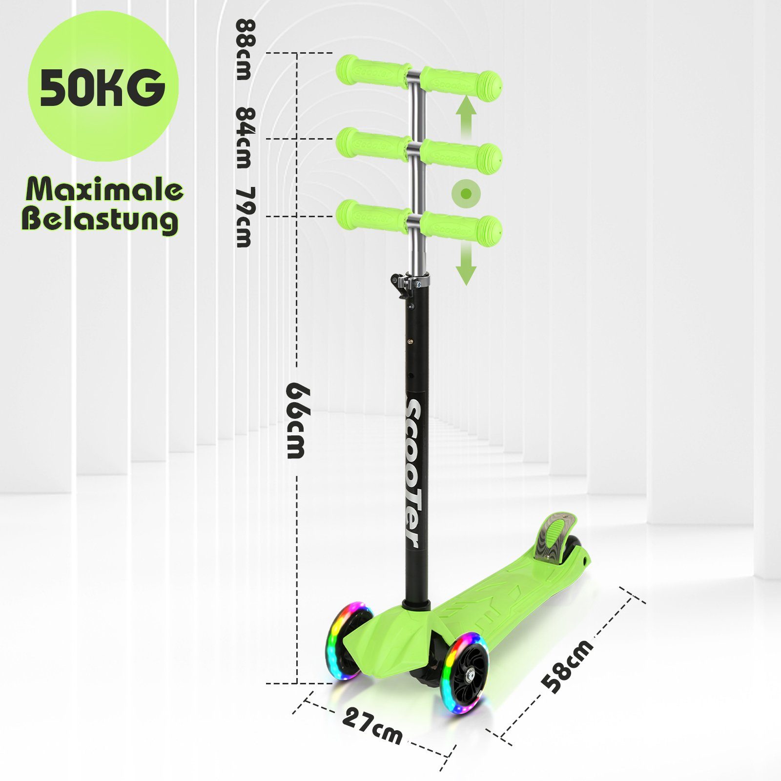 TolleTour Scooter Kinderroller Tretroller LED-Räder bis 50 kg Höhenverstellbar