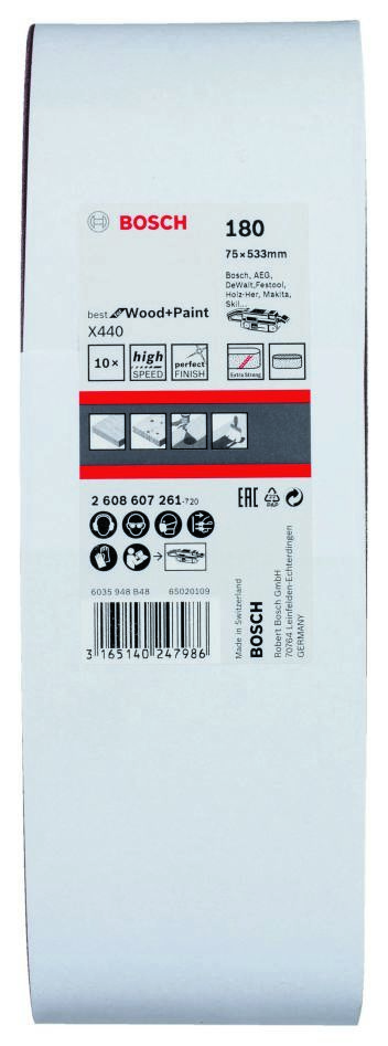 Bosch Blue Zubehör 2608607261 Schleifband 75 x 533 mm K180 Ideal für Holz und Lack 10 Stück
