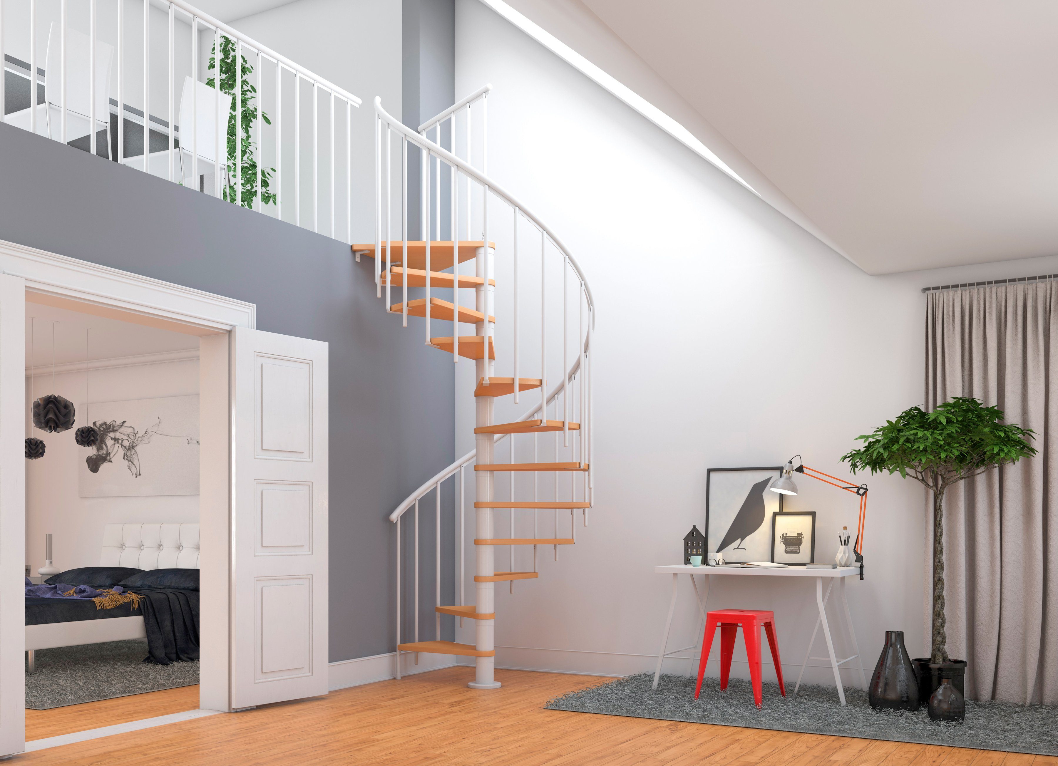 Dolle Spindeltreppe Montreal, für Geschosshöhen bis 282 cm, Stufen offen, Buche, Ø: 140 cm