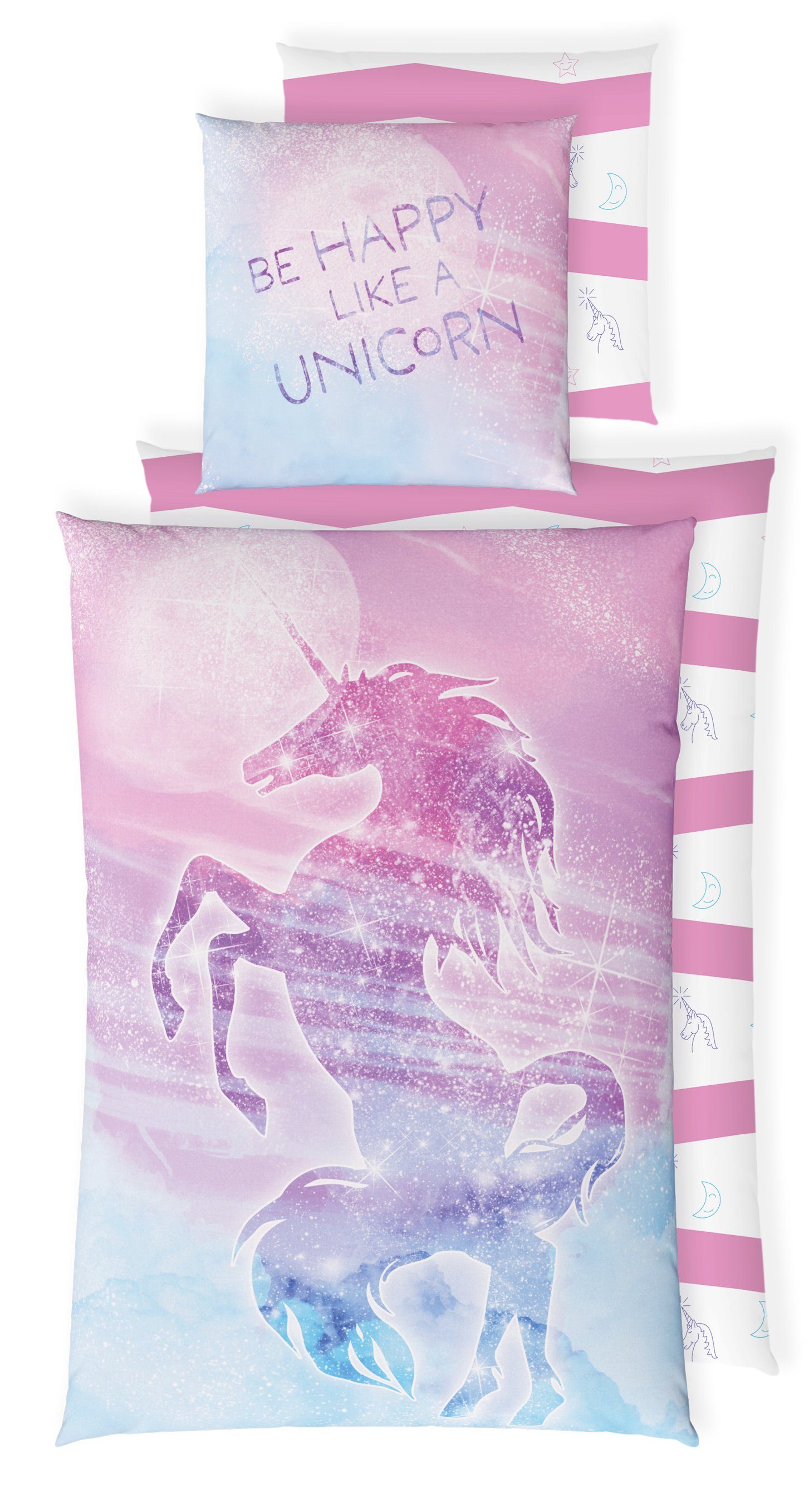 Kinderbettwäsche Leuchtende Bettwäsche 135x200 Unicorn Bettwäsche Kinder + 10 SPIELE, Carpe Sonno, Baumwolle, 2 teilig, GLOW IN THE DARK Einhorn Bettwäsche Mädchen