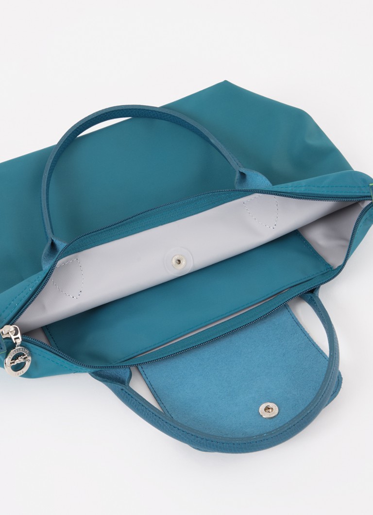 Geantă verde Longchamp Le Pliage, mărimea S, cu detalii din piele.