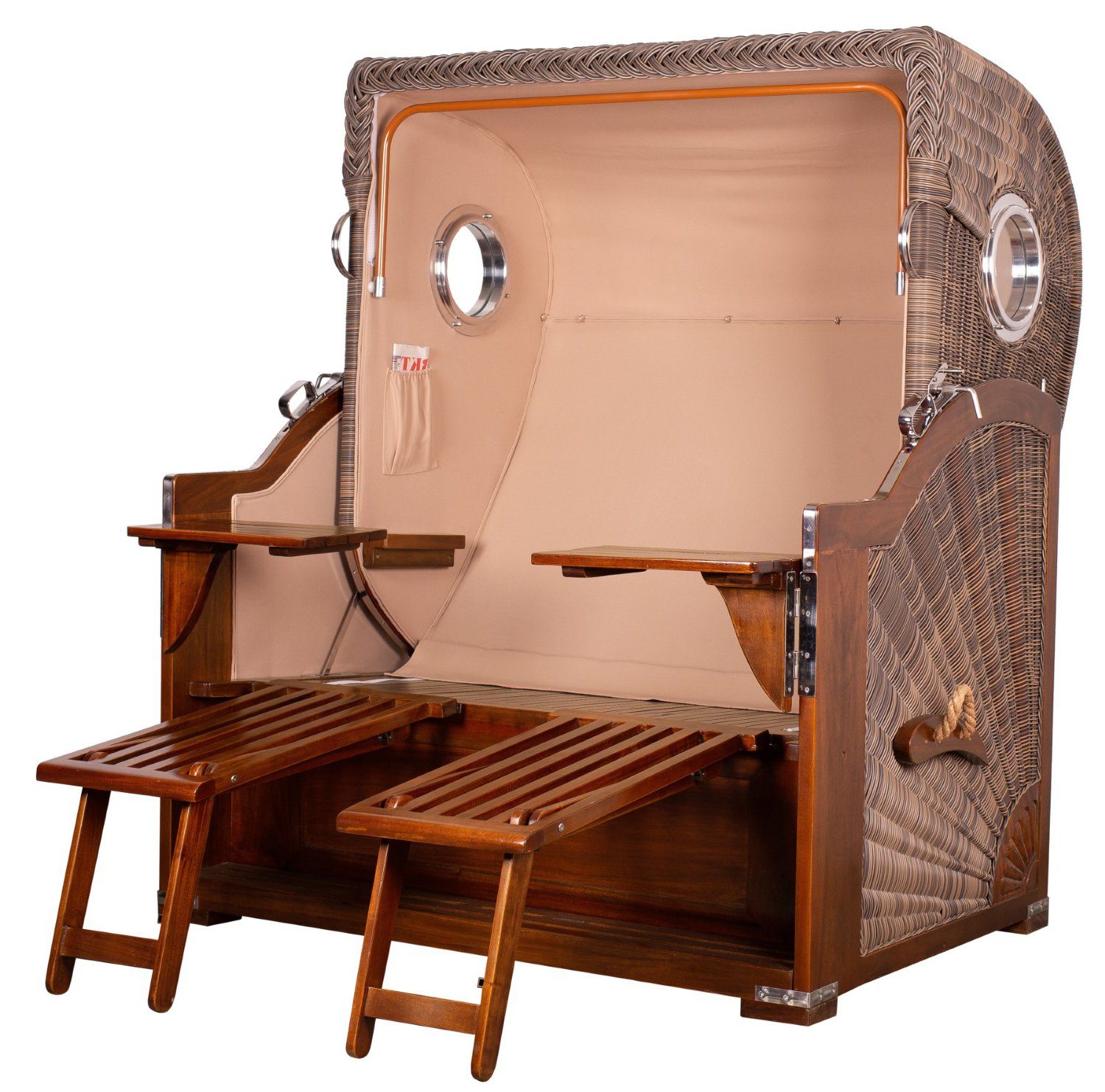 bene living Strandkorb Königssee 2,5-Sitzer Mahagoni, PE grau, Modell 583, BxTxH: 142x95x170 cm, Volllieger ca. 175 Grad, Ostsee-Strandkorb, inkl. Liftersystem und Bullaugen