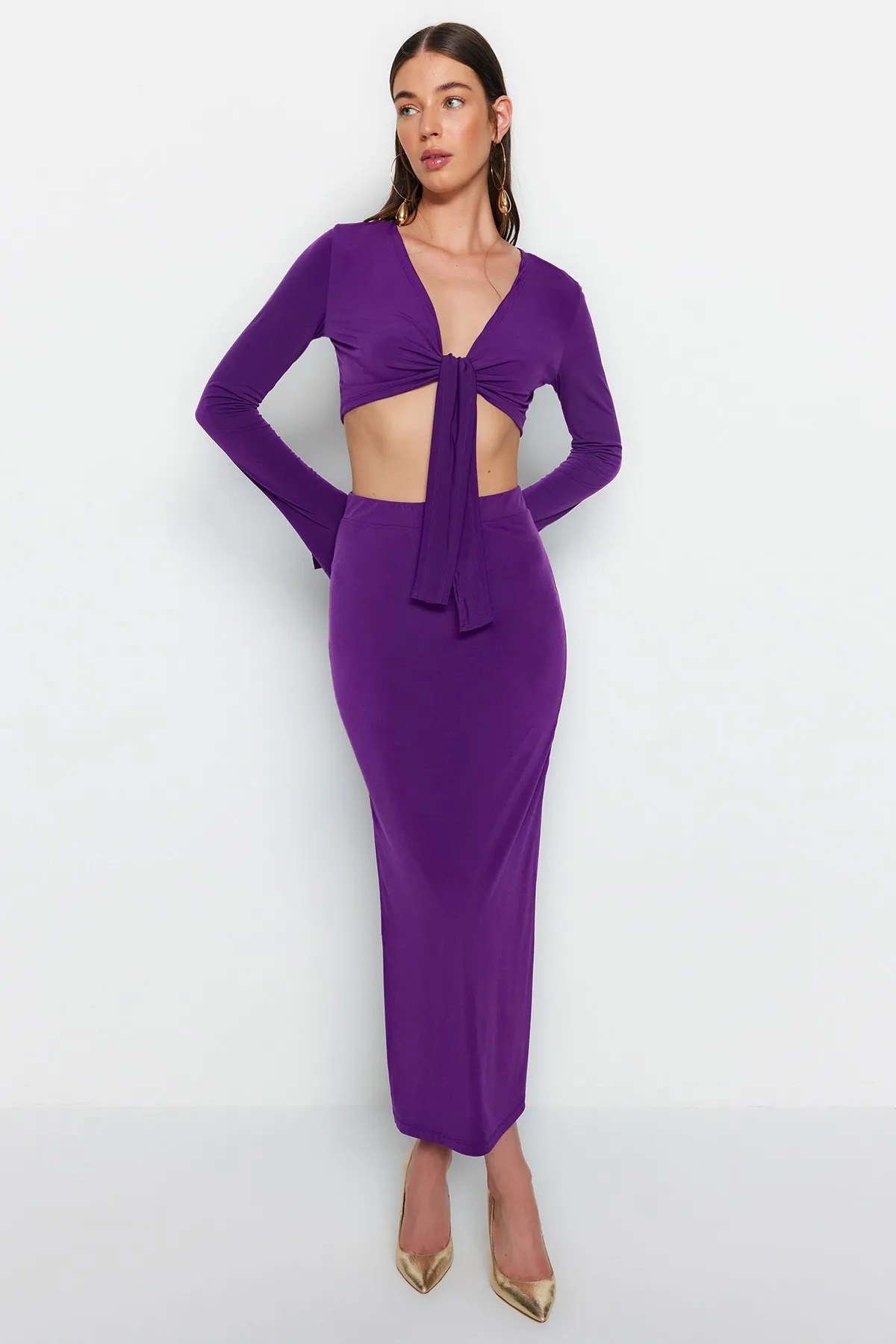 Trendyol Collection  Lila Super Crop und Midi Flexible Strickoberteil und -unterteil Set TWOAW24AU00070