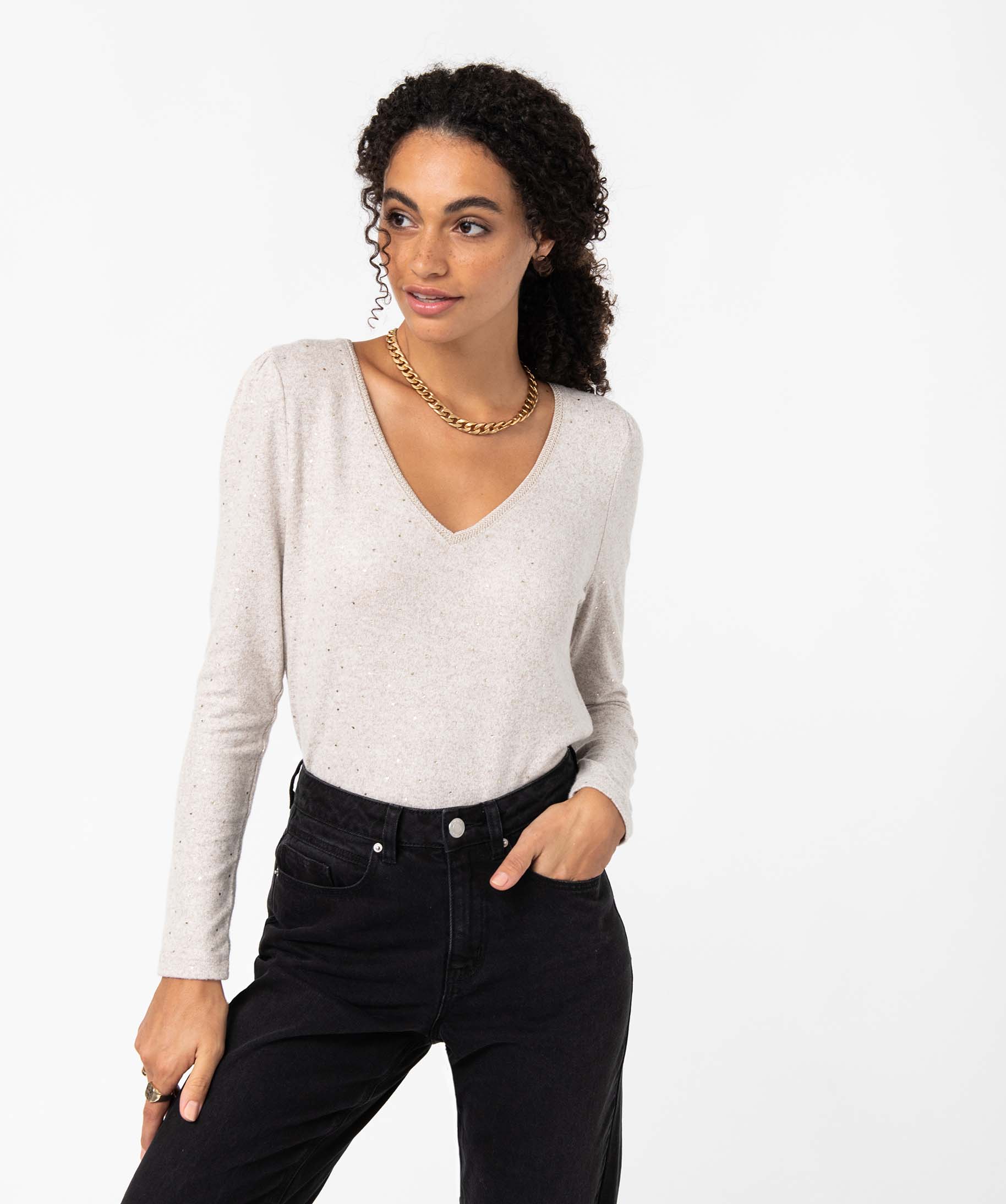 Tee-shirt femme à manches longues avec col V et motif paill... beige | GEMO