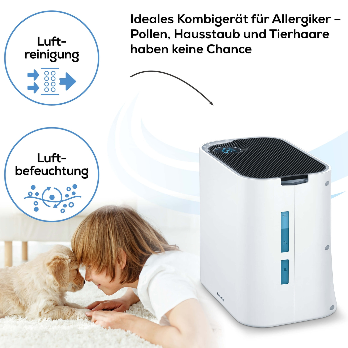 Beurer Komfort-Luftreiniger LR 330 2-in-1-Luftreiniger mit dreischichtigem Filtersystem & Luftbefeuchtung bis 35 m²