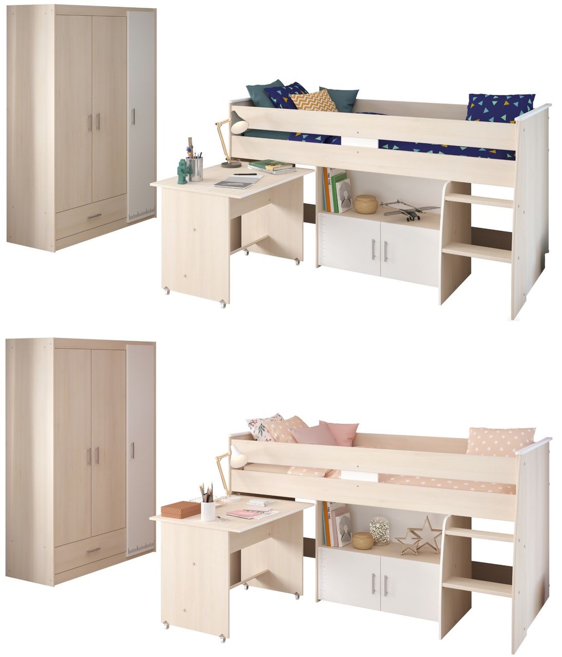 Parisot mit 3-trg. Kleiderschrank und Hochbett, Charly 6 - mit ausziehbarem Schreibtisch
