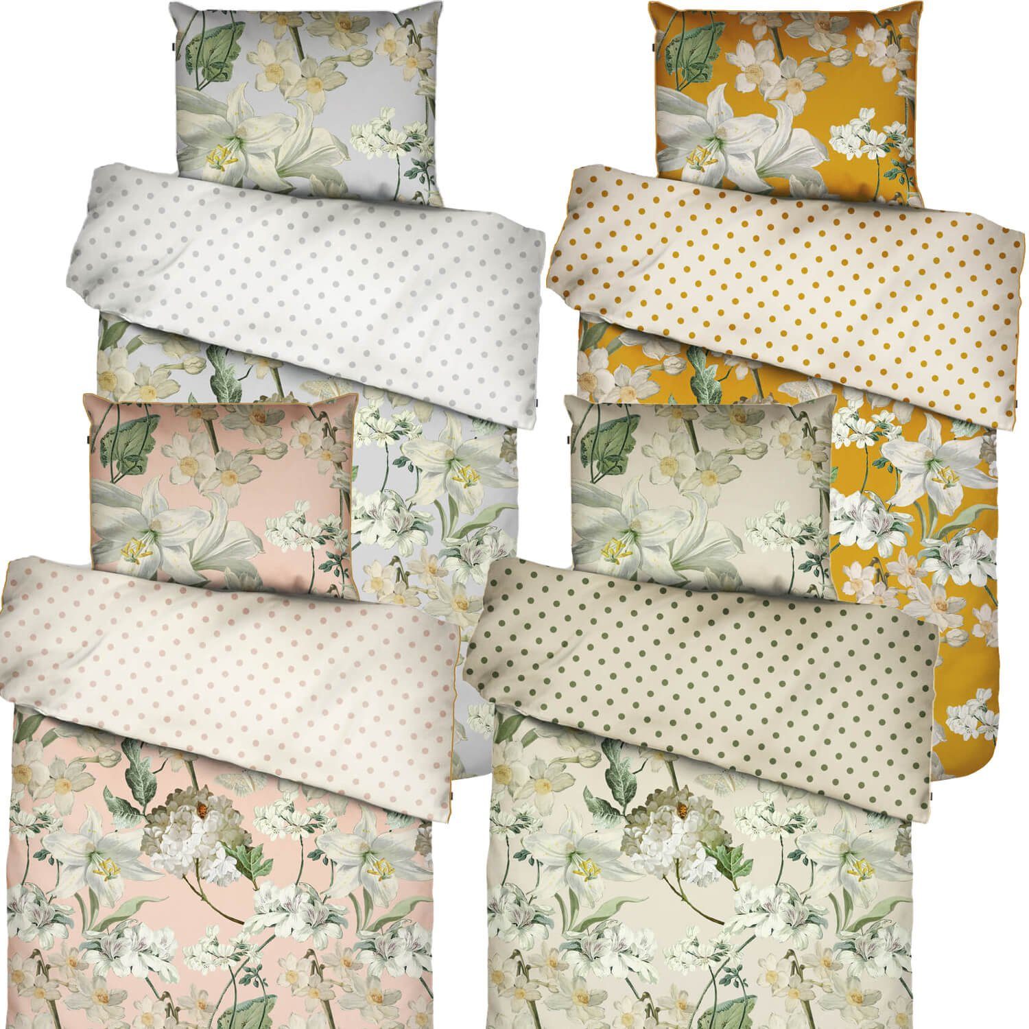 Bettwäsche Rosalee Satin Mustard, Essenza, Satin, 2 teilig, Blumen, Lilien, Blätter, Paspel