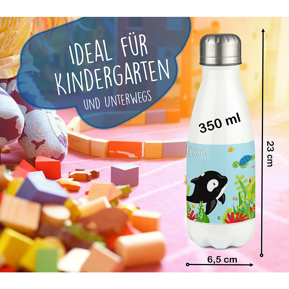 Edelstahl Kinder Thermoflasche / Trinkflasche bunt Unterwasserwelt Spülmaschinenfest, Auslaufsicher, Bruchfest, Doppelwandig, Für Heißgetränke geeignet, Mit Deckel, Isoliert