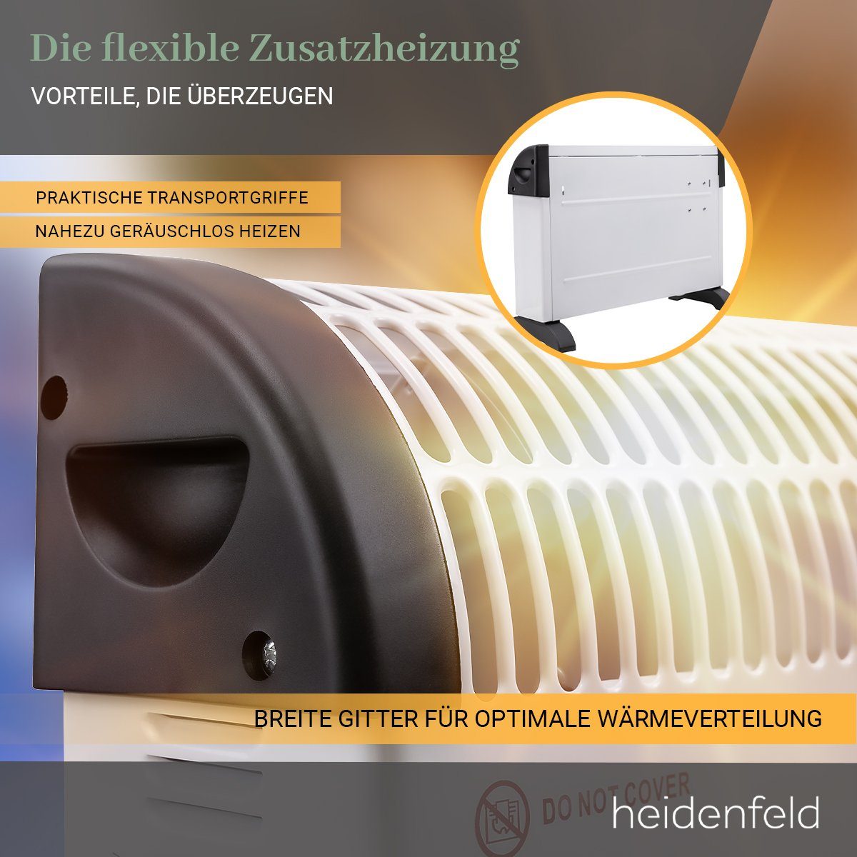 Heidenfeld Heizlüfter Konvektor Elektroheizung HL200 3 Jahre Garantie 3 Heizstufen, 2000 W, Mobil Energiesparend Heizung elektro Heizstrahler Konvektorheizung
