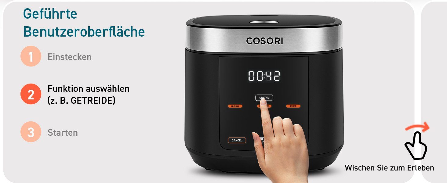 Cosori Multikocher CRC-R501-KEU + Zubehör, 970,00 W, 5,00 l Schüssel,Reis und Getreide, kochen, dämpfen, backen, Suppen, warmhalten, Timer